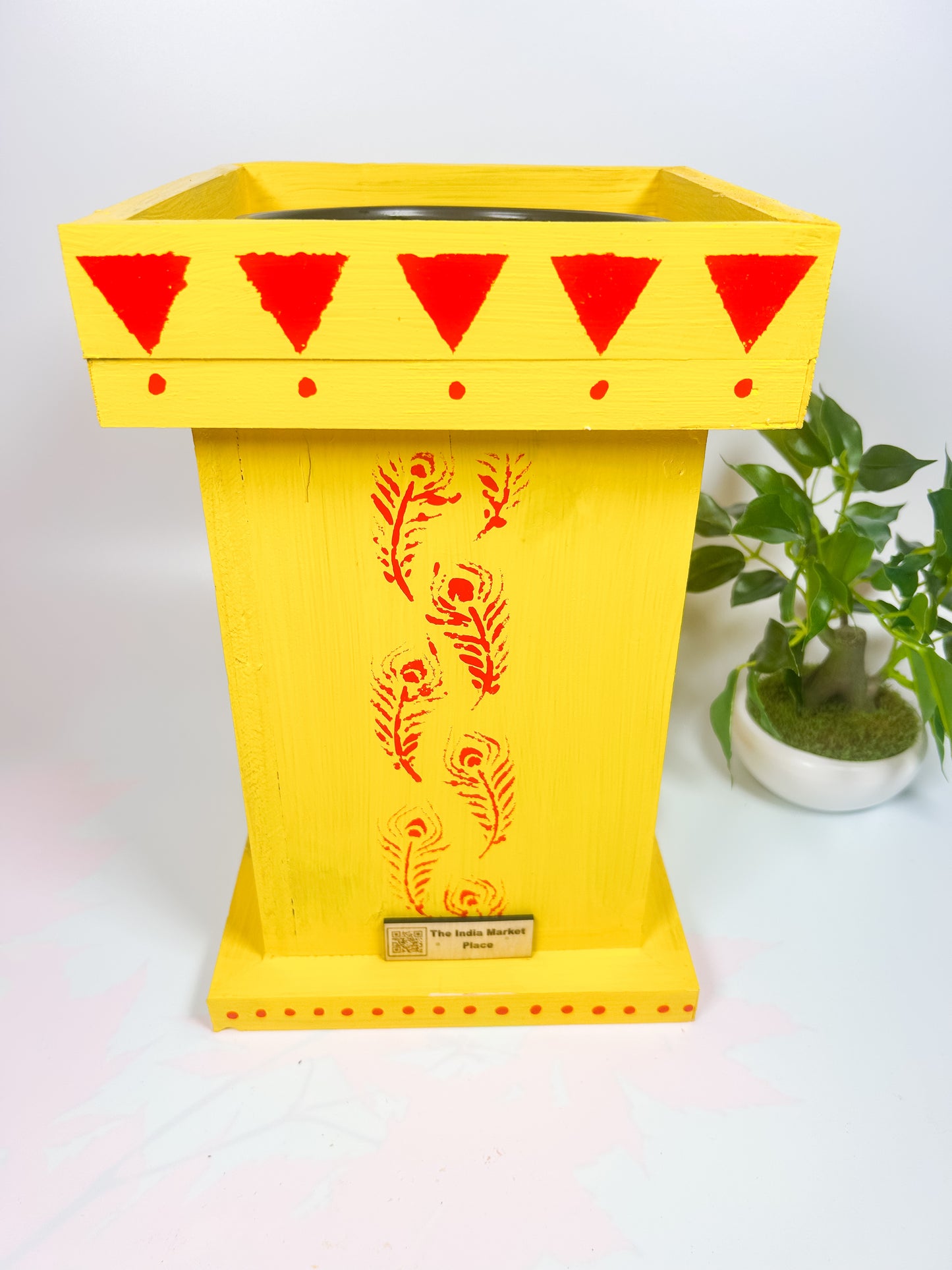 Free Shipping Handcrafted Wooden Tulsi Pot, Vrindavana Planter 7.5x7.5x11”, Indoor Outdoor Holy Basil Container, Pooja Decor