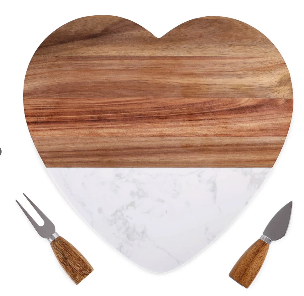 Personalized Heart-Shaped Marble & Wood Serving Set