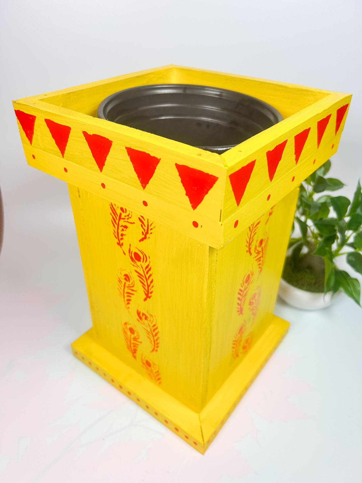 Free Shipping Handcrafted Wooden Tulsi Pot, Vrindavana Planter 7.5x7.5x11”, Indoor Outdoor Holy Basil Container, Pooja Decor
