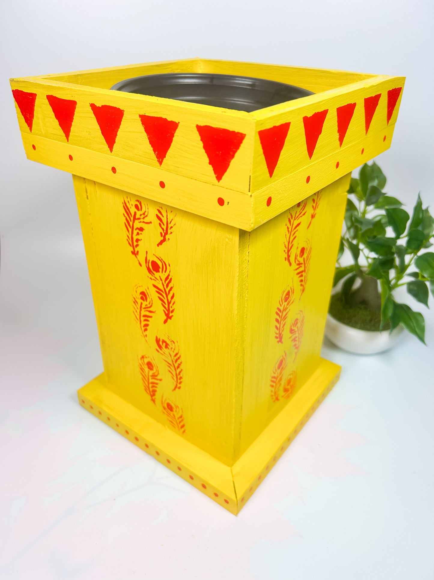 Free Shipping Handcrafted Wooden Tulsi Pot, Vrindavana Planter 7.5x7.5x11”, Indoor Outdoor Holy Basil Container, Pooja Decor