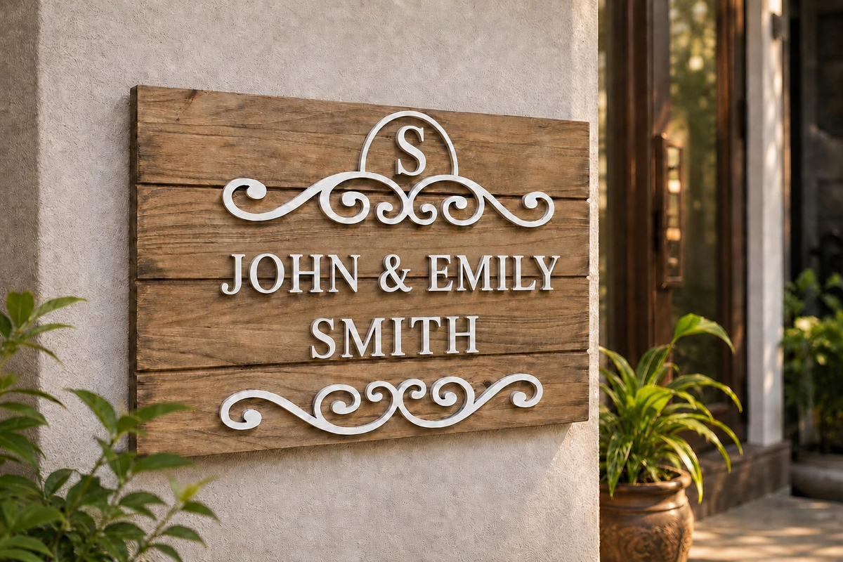 Custom wooden surname name plate for Indian home entrance and front door decor