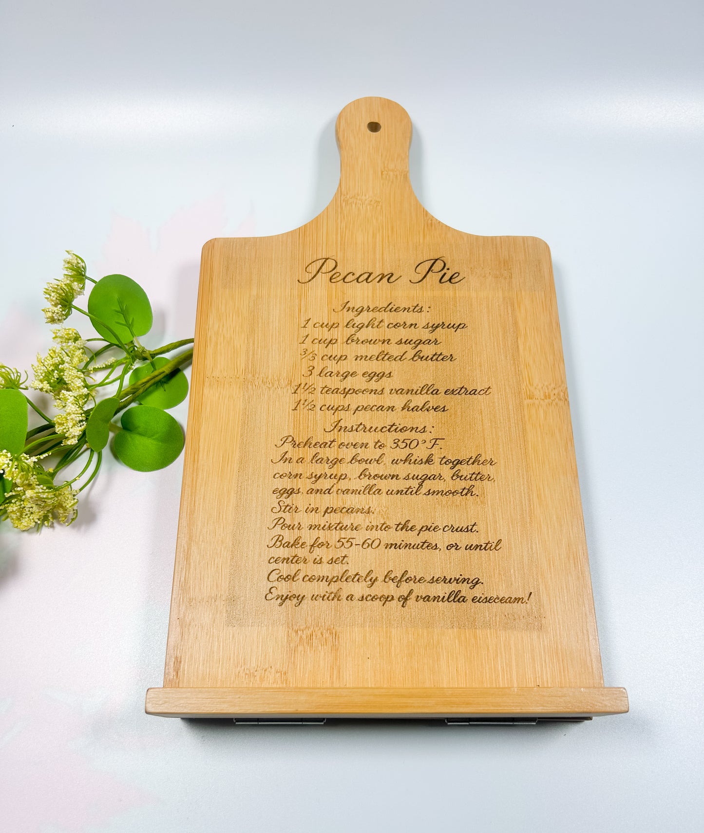 Engraved Bamboo Cookbook Stand & Cutting Board – Pecan Pie Recipe – Rustic Kitchen Decor & Gift