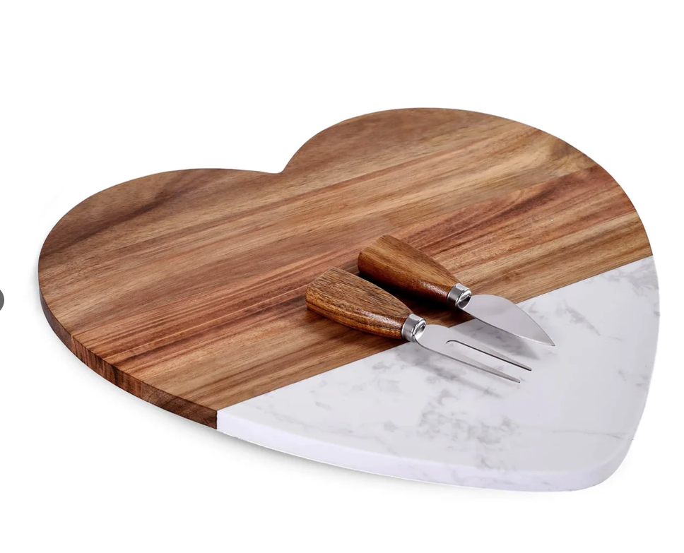 Personalized Heart-Shaped Marble & Wood Serving Set