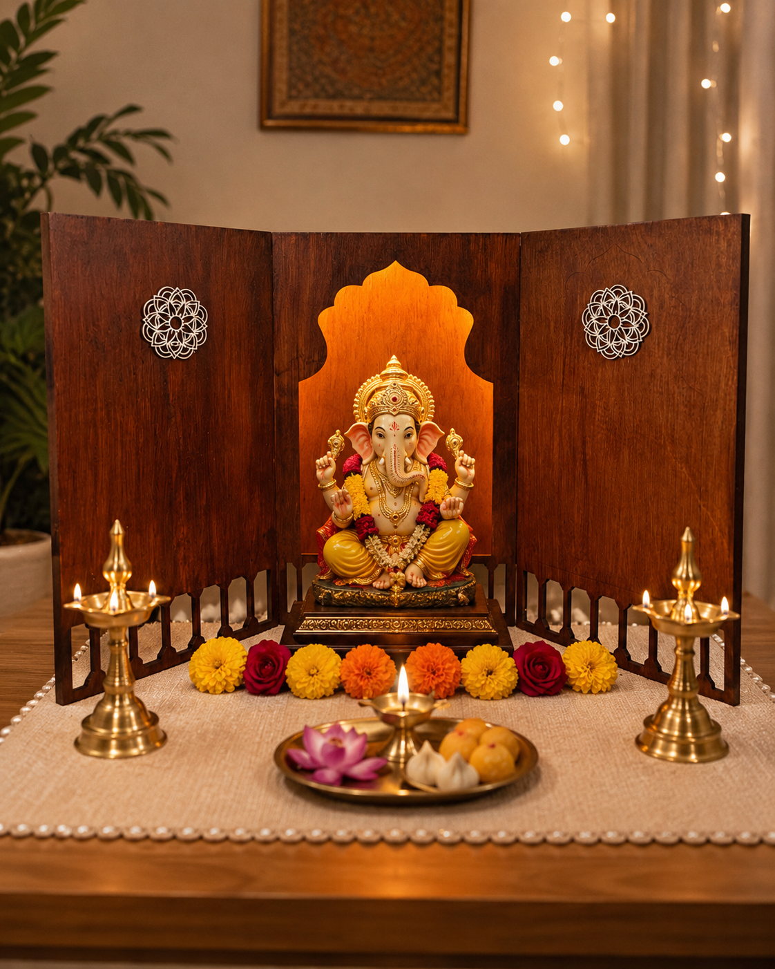 Handmade wooden Ganpati Makhar with traditional arch design for Ganesh Chaturthi, Ganpati Sthapana and home pooja decor.