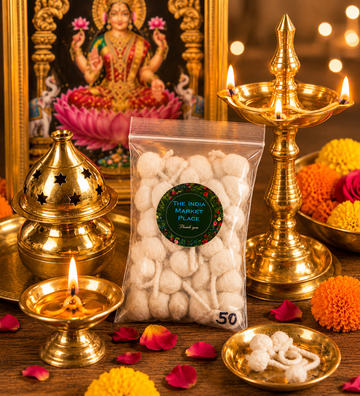 Hand-Rolled Cotton Diya Wicks – Small (50 Pack)