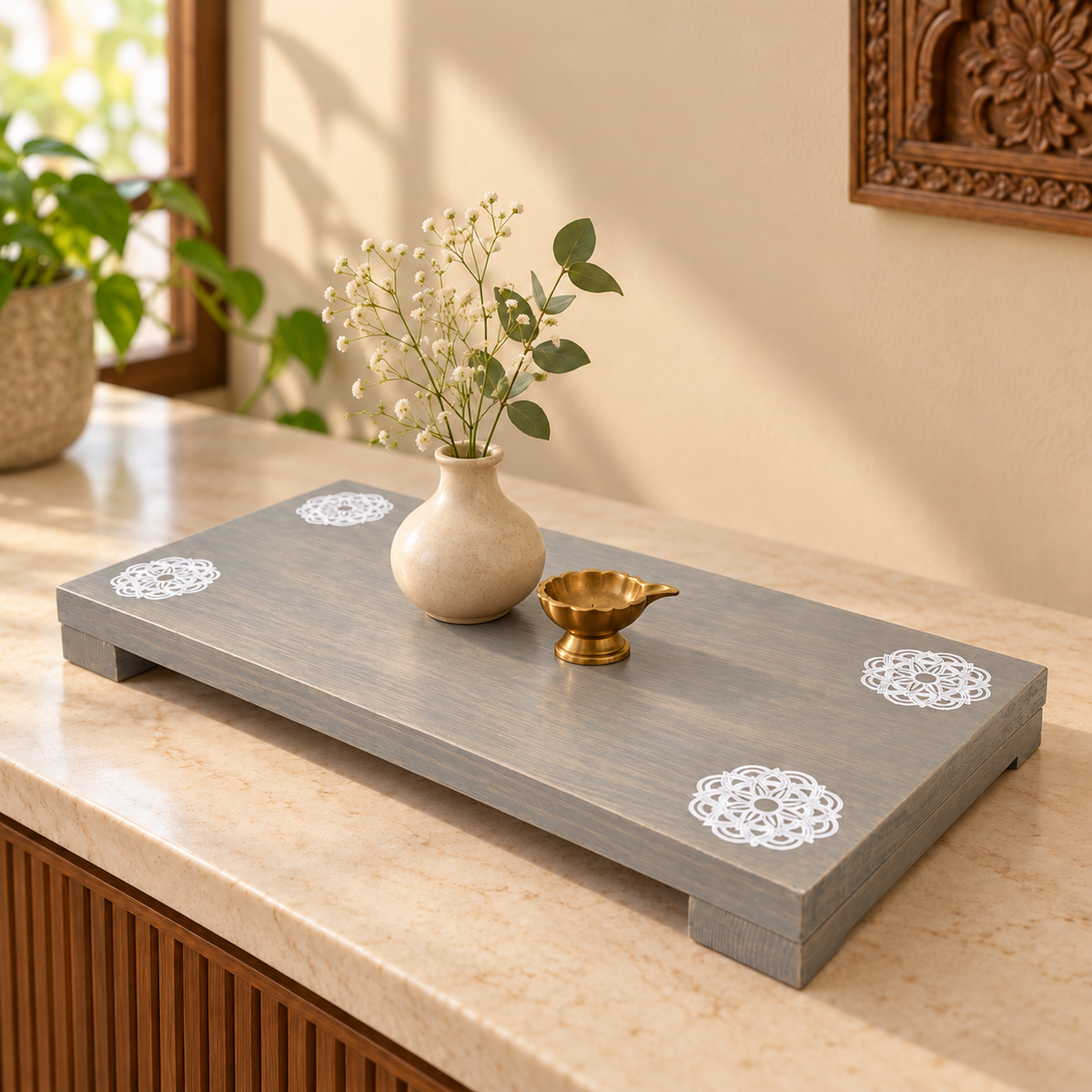 Wooden Pedestal Riser with White Mandala Designs