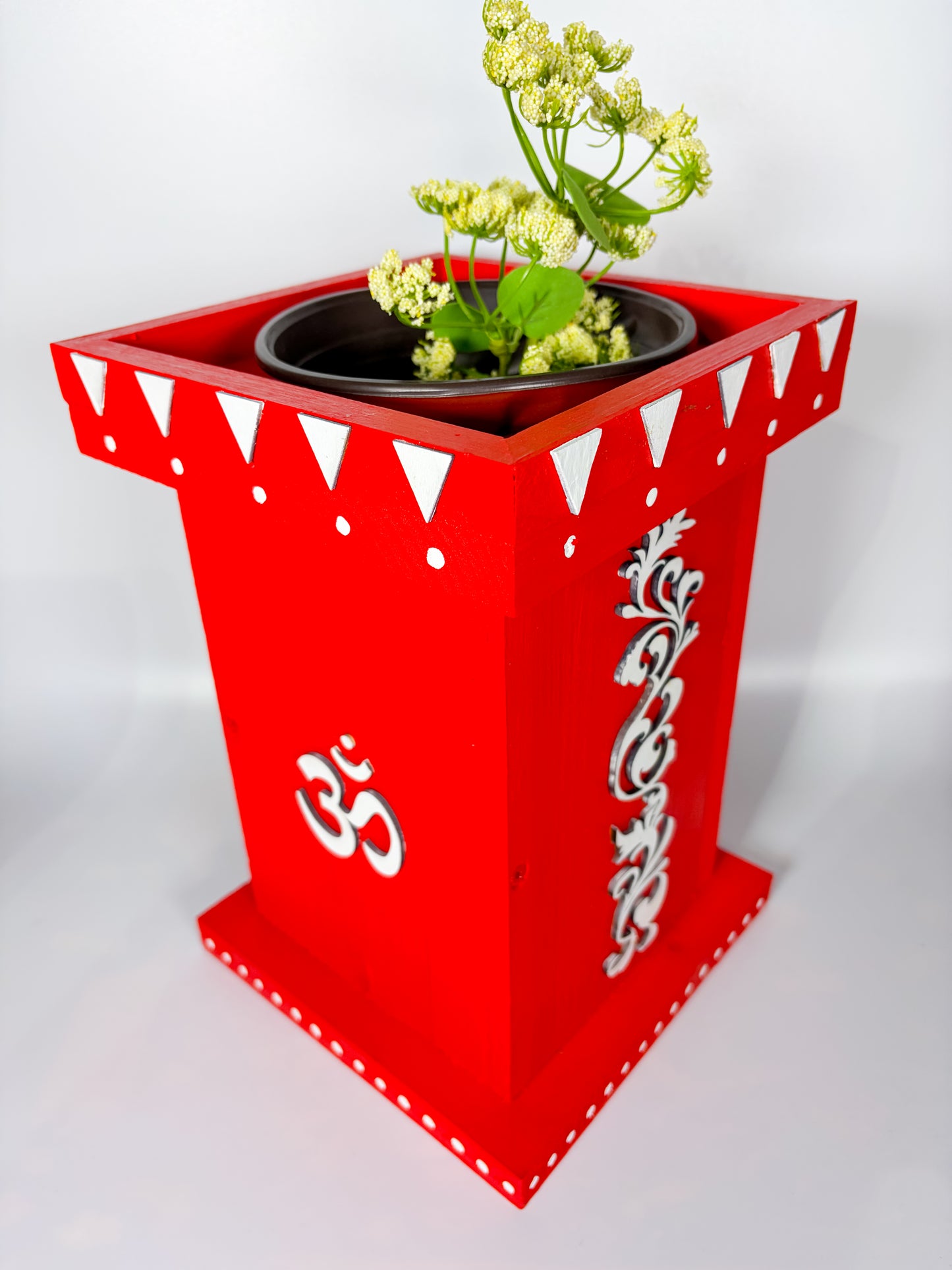 Handcrafted Wooden Tulsi Pot, Vrindavana Planter 7.5x7.5x11”, Indoor Outdoor Holy Basil Container, Pooja Decor