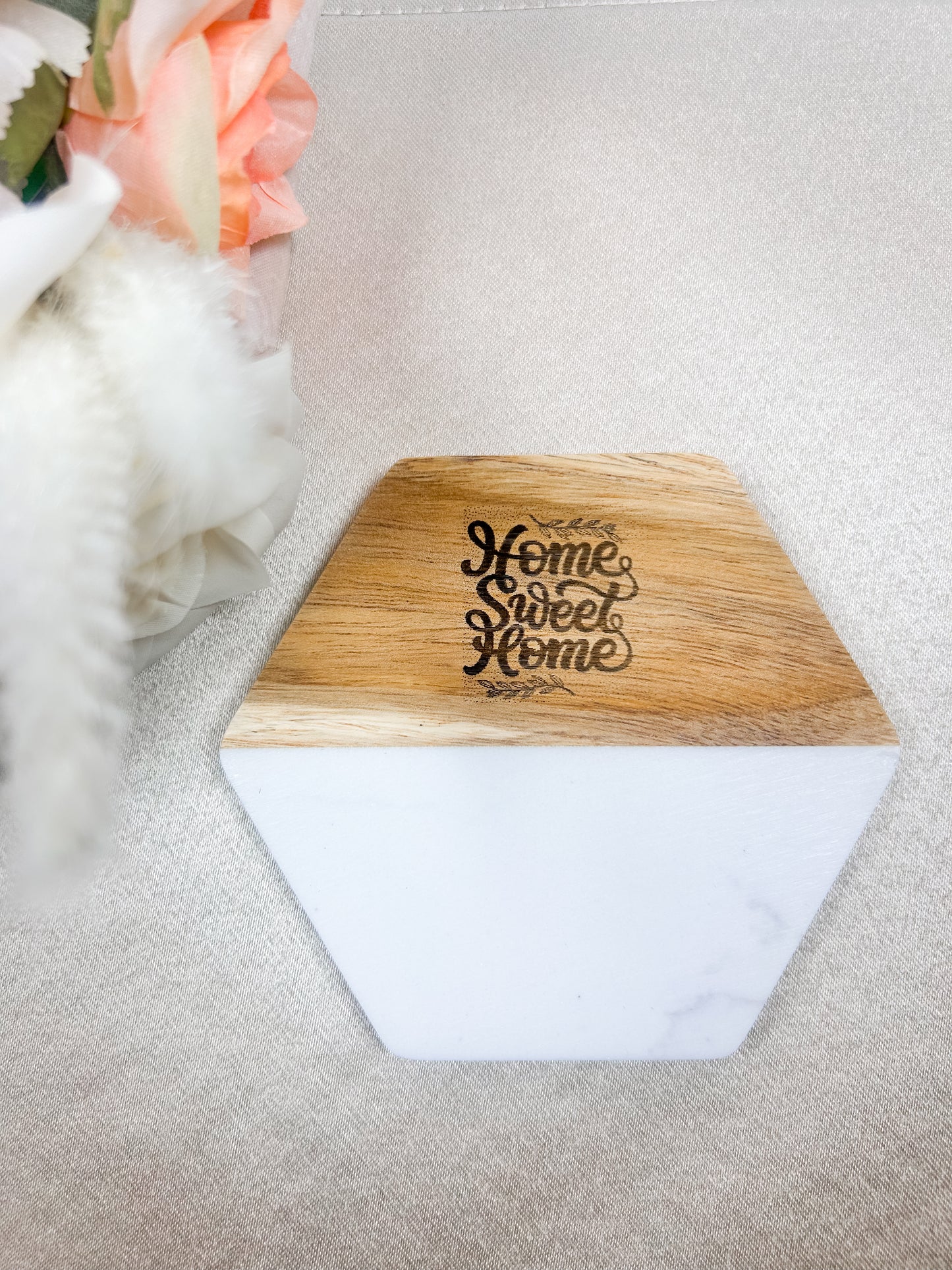 Handmade Marble and Wood Coaster Set Home Sweet Home
