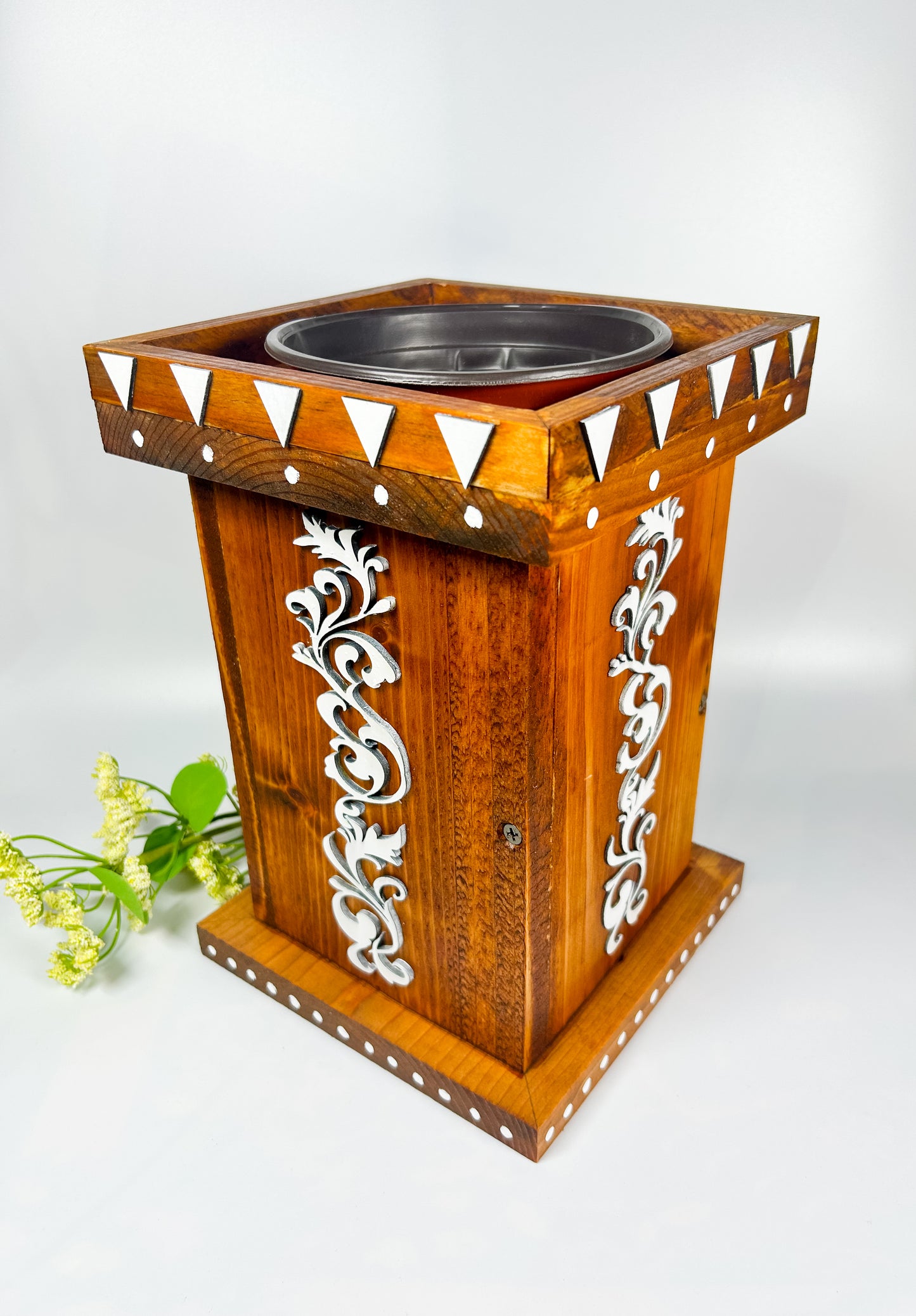 Handcrafted Wooden Tulsi Pot, Vrindavana Planter 7.5x7.5x11”, Indoor Outdoor Holy Basil Container, Pooja Decor
