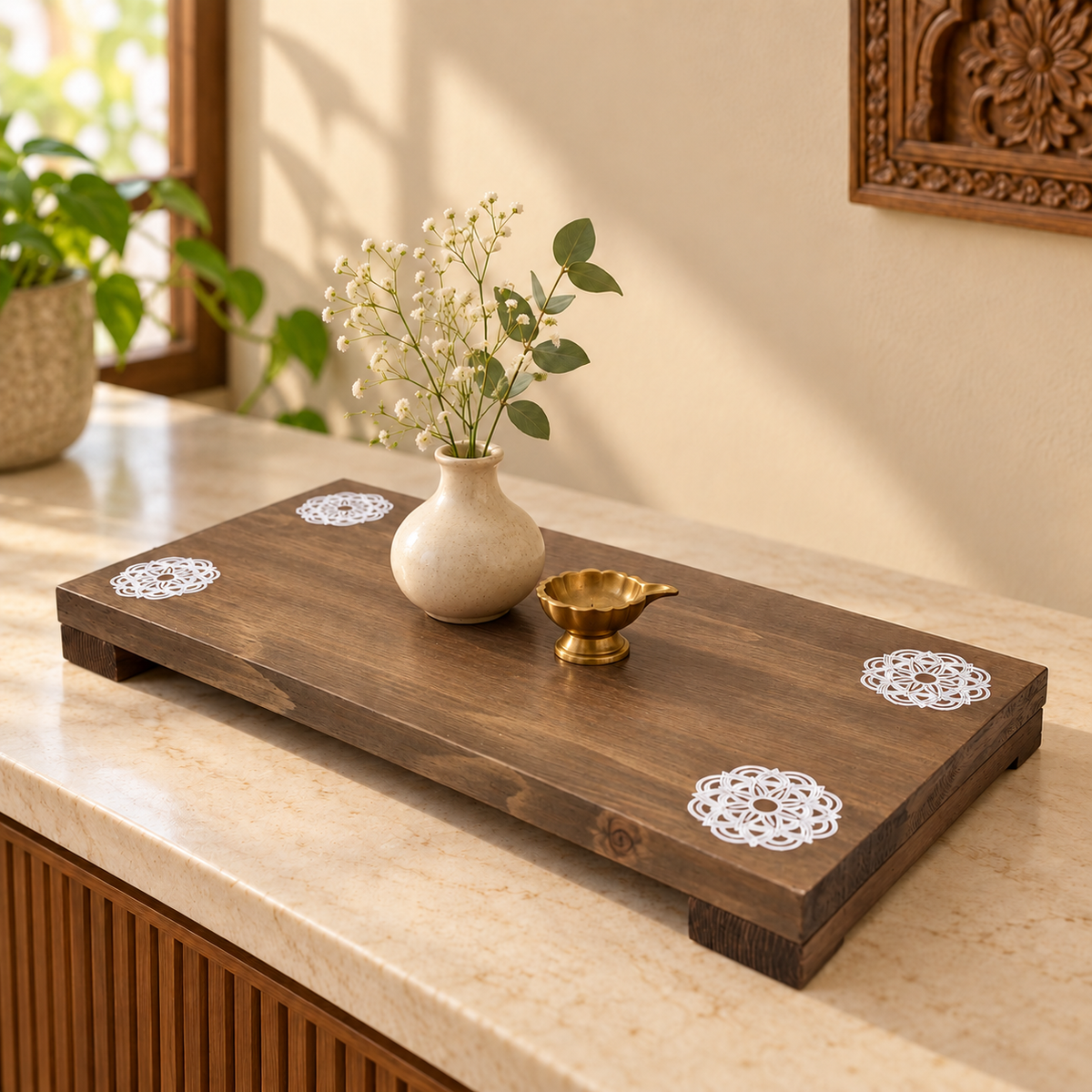 Wooden Pedestal Riser with White Mandala Designs