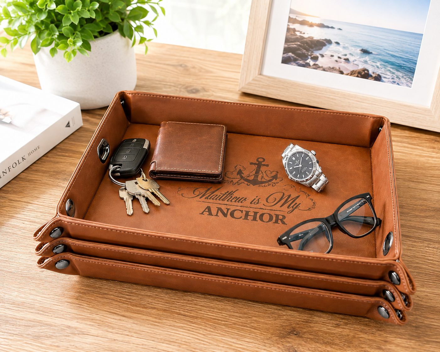 Personalized Leatherette Valet Tray, Custom Engraved Catchall, Men's Gift