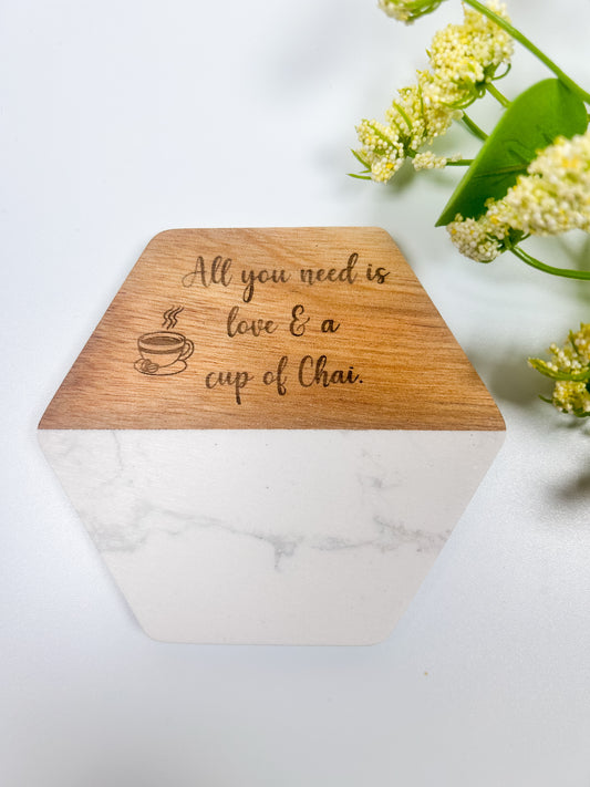 Handmade Marble and Wood Coaster Set Personalized