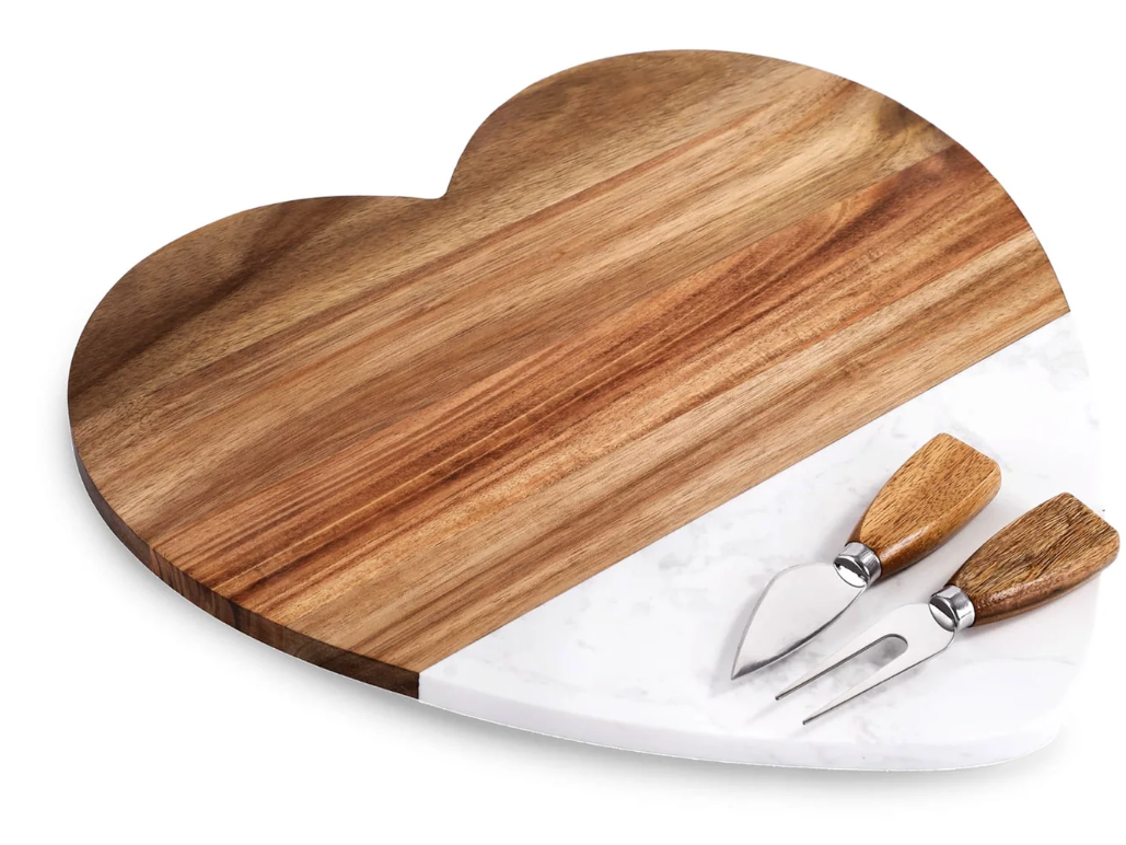 Personalized Heart-Shaped Marble & Wood Serving Set