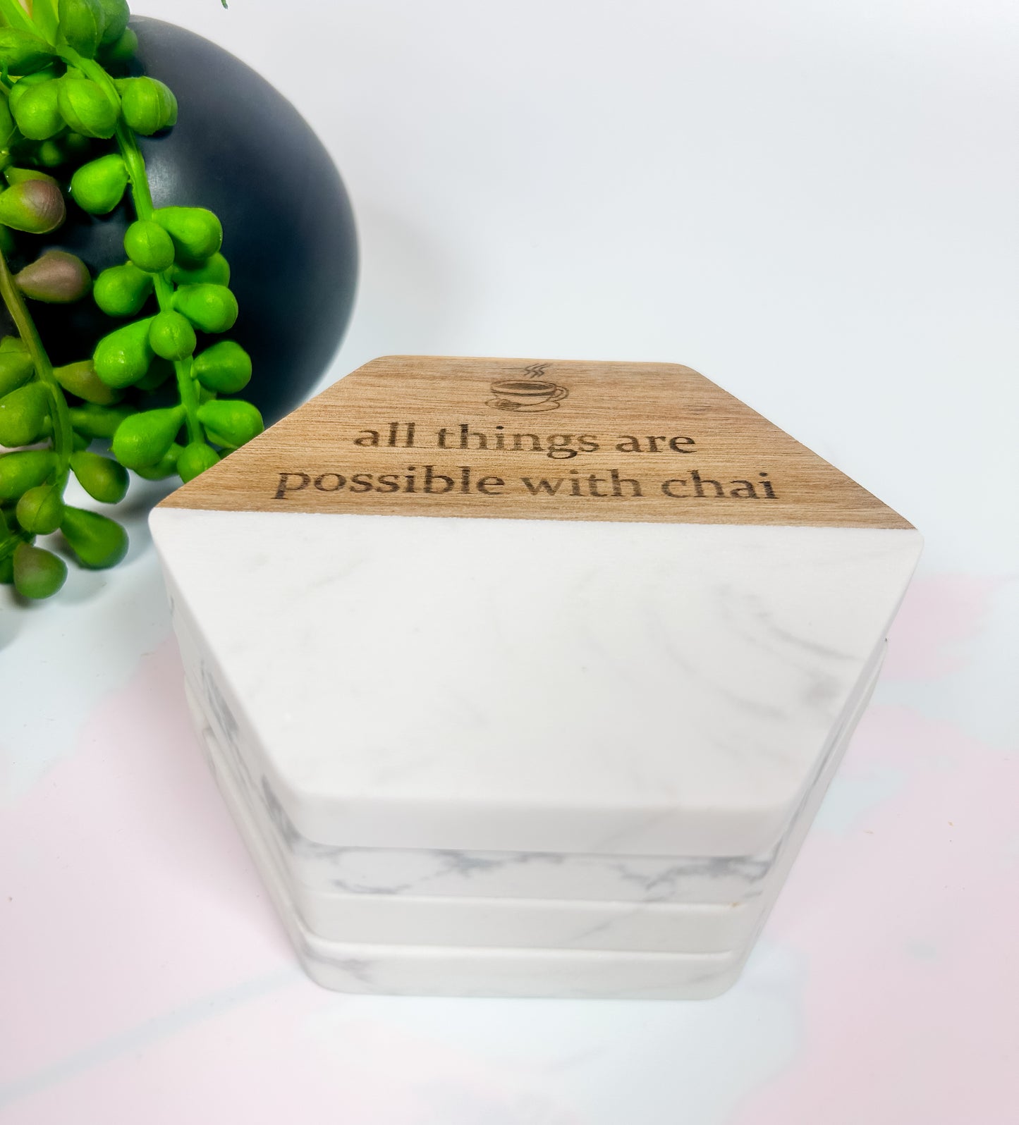 Handmade Marble and Wood Coaster Set Personalized