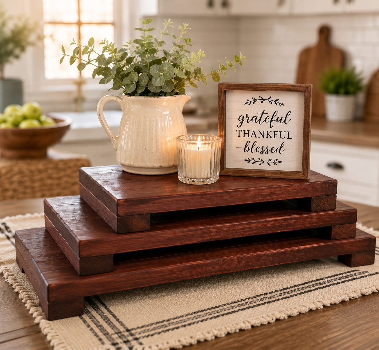Long Wooden Pedestal Riser for Table Display – Farmhouse Wood Riser for Kitchen Counter, Elevated Home Decor Stand, Rustic Centerpiece Tray