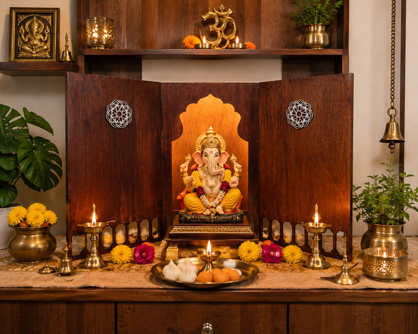     Wooden Ganpati Makhar displayed with Ganesha idol, flowers and brass diyas for home pooja.