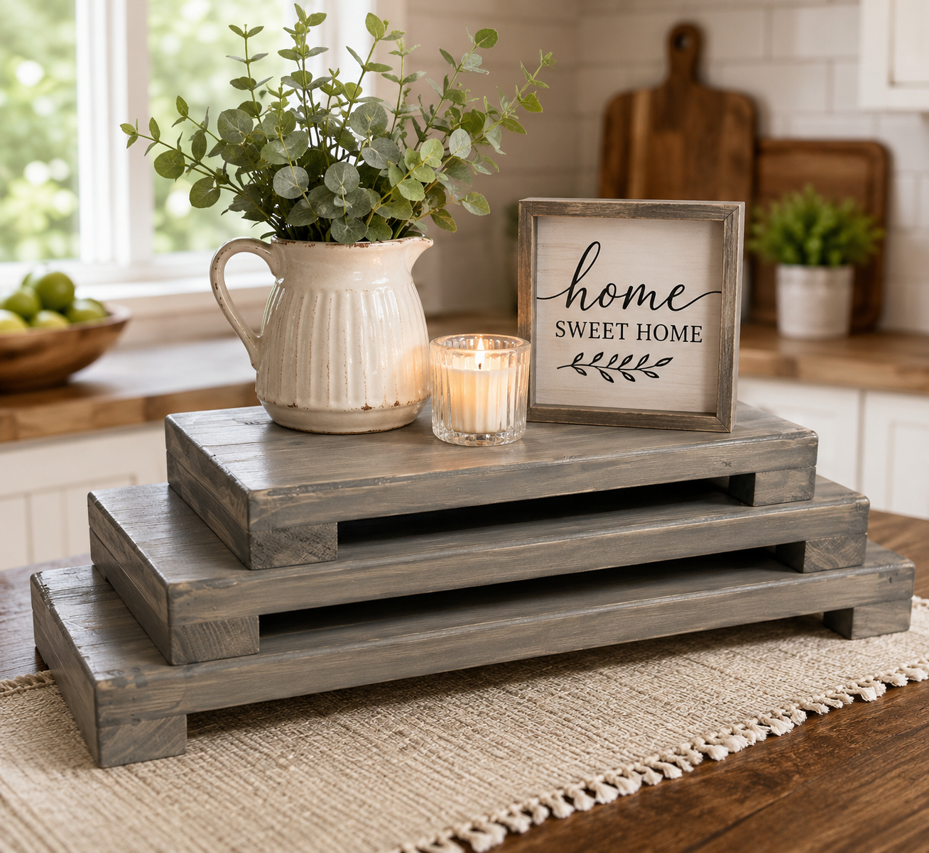 Long Wooden Pedestal Riser for Table Display – Farmhouse Wood Riser for Kitchen Counter, Elevated Home Decor Stand, Rustic Centerpiece Tray