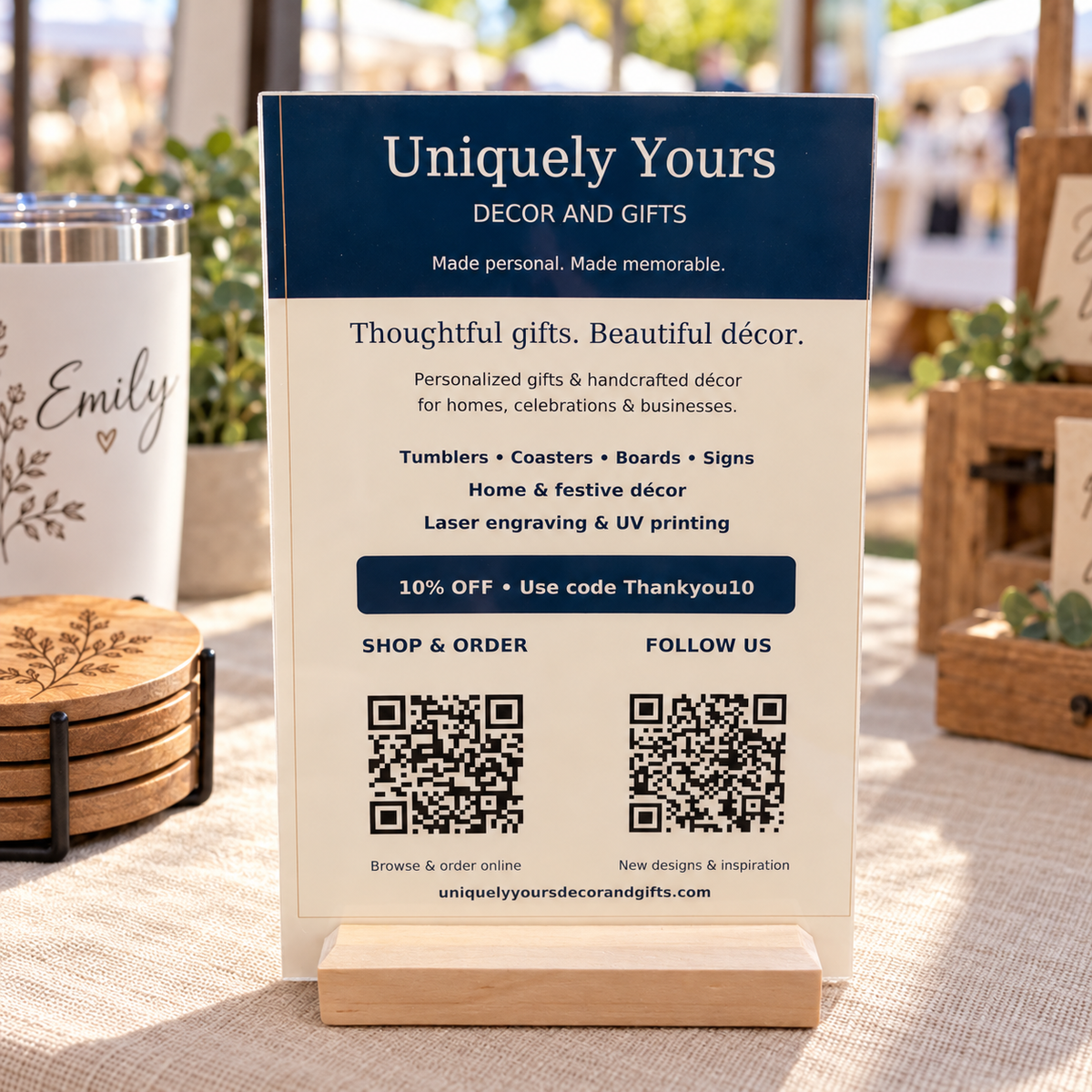 Personalized 6 x 9-inch vertical business sign with navy and cream design, store information, and QR codes to shop and follow.