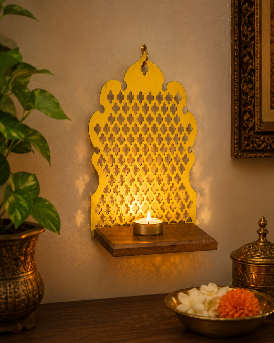 Handcrafted Wooden Jharokha Tea Light Holder | Indian Wall Hanging Décor | Pooja Room & Diwali Decoration