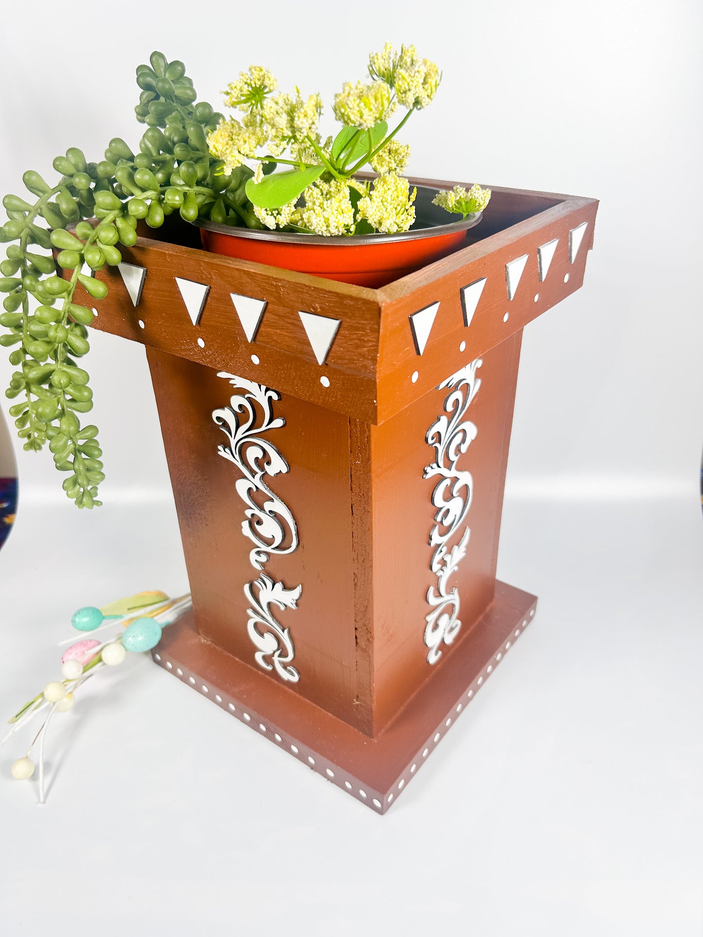 Handcrafted Wooden Tulsi Pot, Vrindavana Planter 7.5x7.5x11”, Indoor Outdoor Holy Basil Container, Pooja Decor