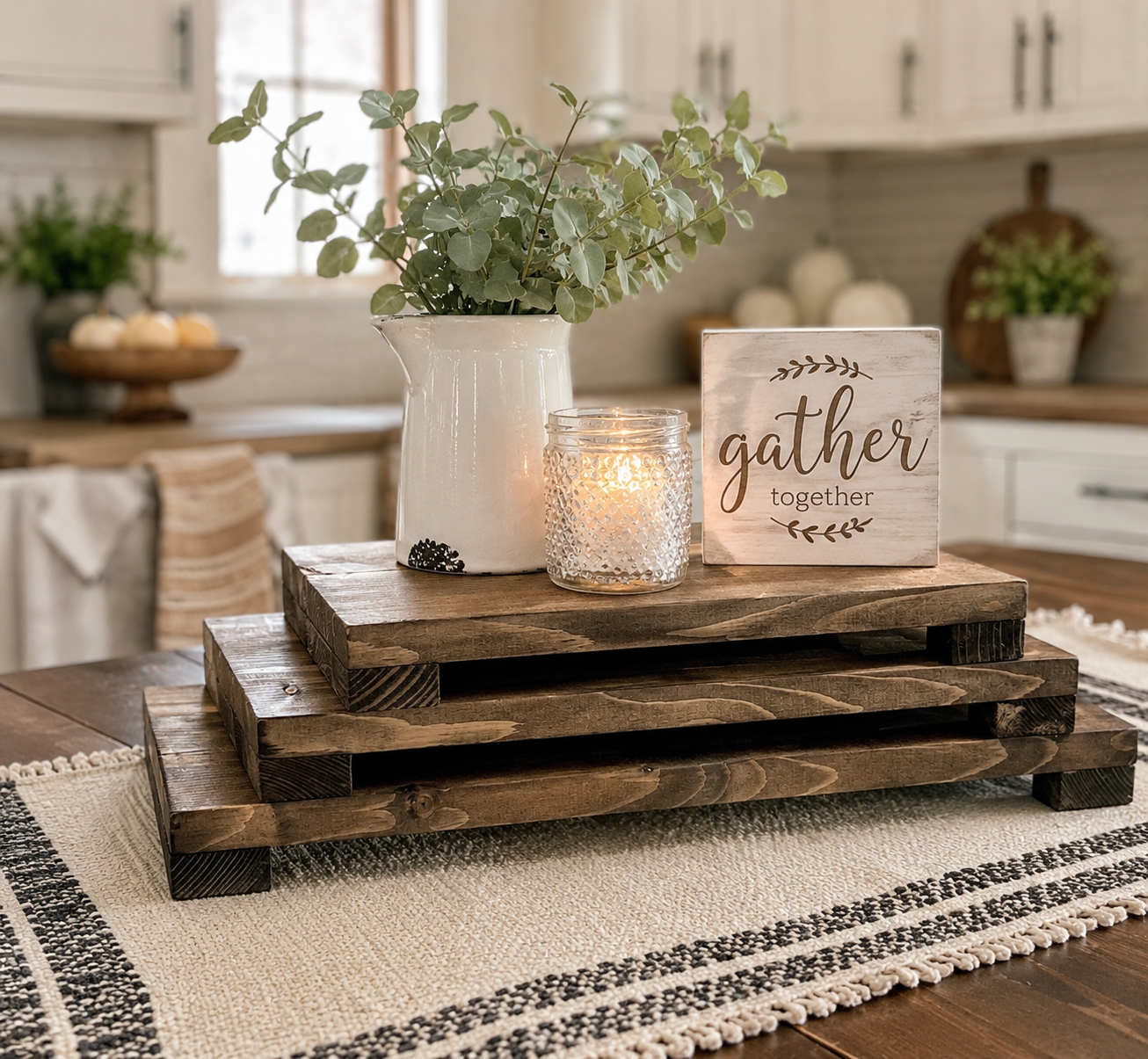 Long Wooden Pedestal Riser for Table Display – Farmhouse Wood Riser for Kitchen Counter, Elevated Home Decor Stand, Rustic Centerpiece Tray