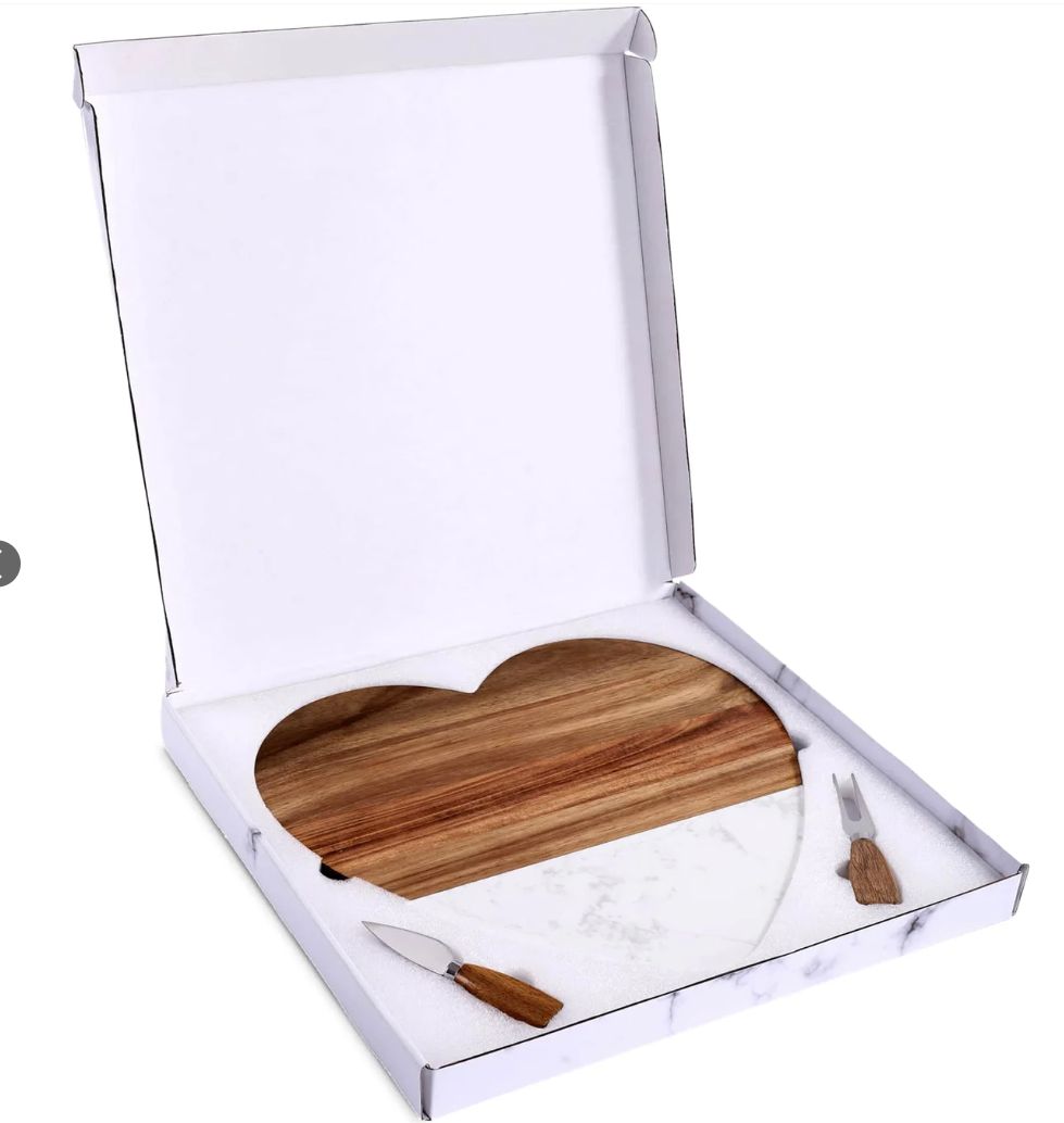 Heart-shaped marble and wood serving set for cheese and appetizers, a personalized wedding or anniversary gift\.