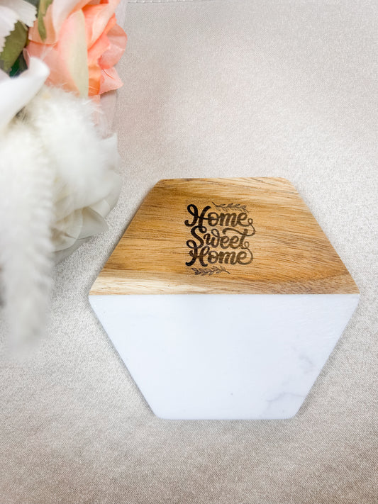 Handmade Marble and Wood Coaster Set Home Sweet Home