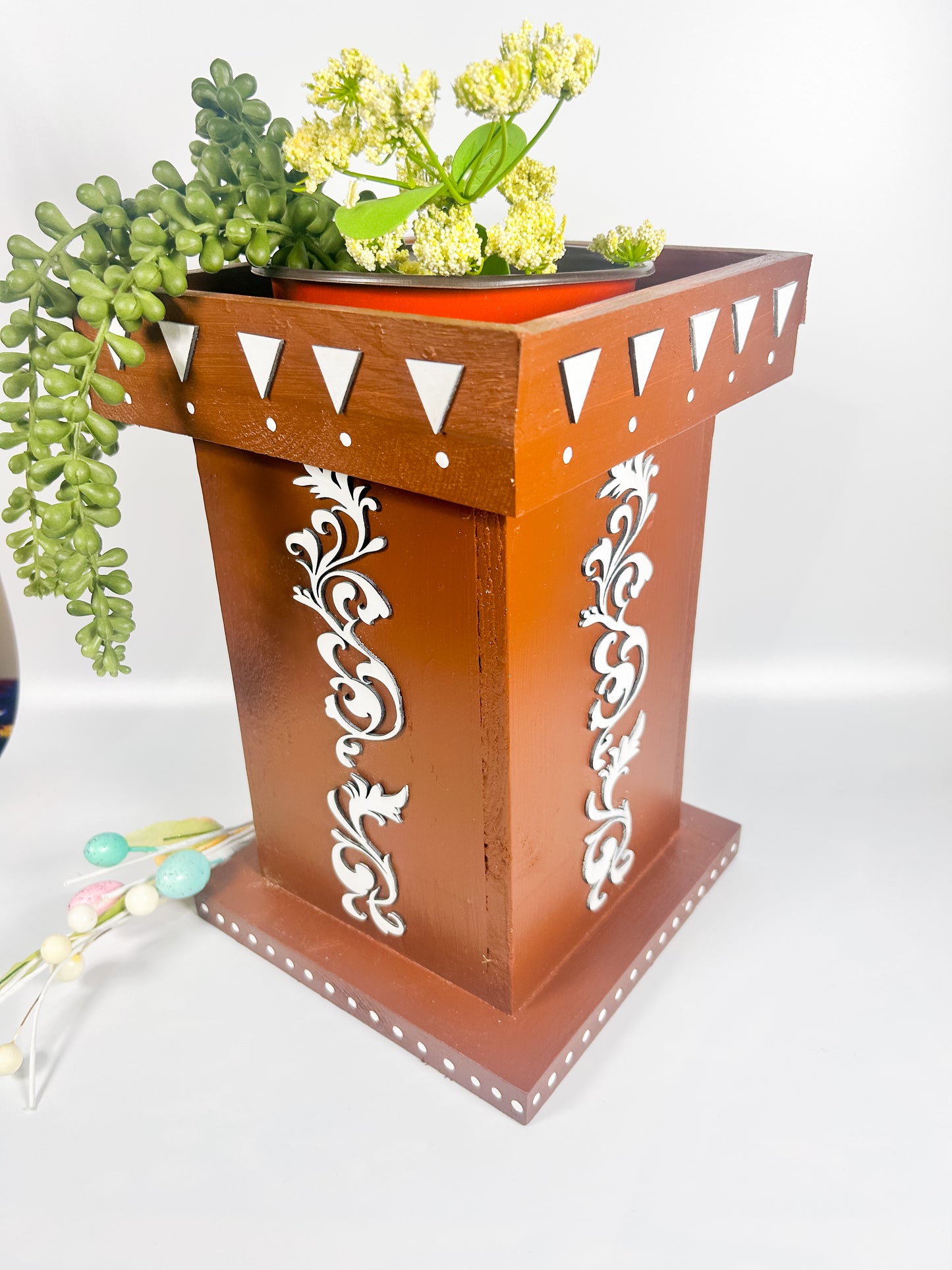 Free Shipping Handcrafted Wooden Tulsi Pot, Vrindavana Planter 7.5x7.5x11”, Indoor Outdoor Holy Basil Container, Pooja Decor