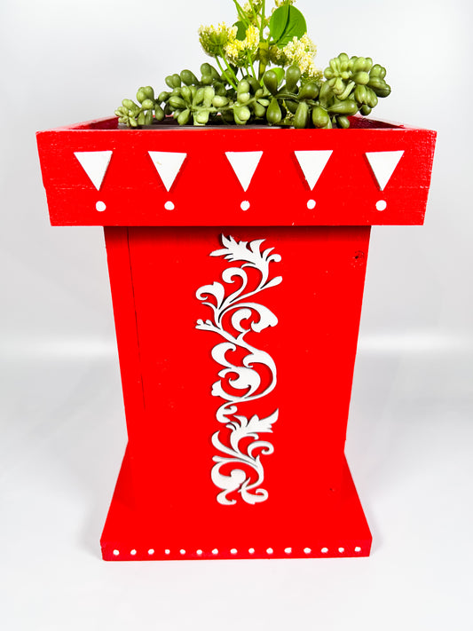 Free Shipping Handcrafted Wooden Tulsi Pot, Vrindavana Planter 7.5x7.5x11”, Indoor Outdoor Holy Basil Container, Pooja Decor