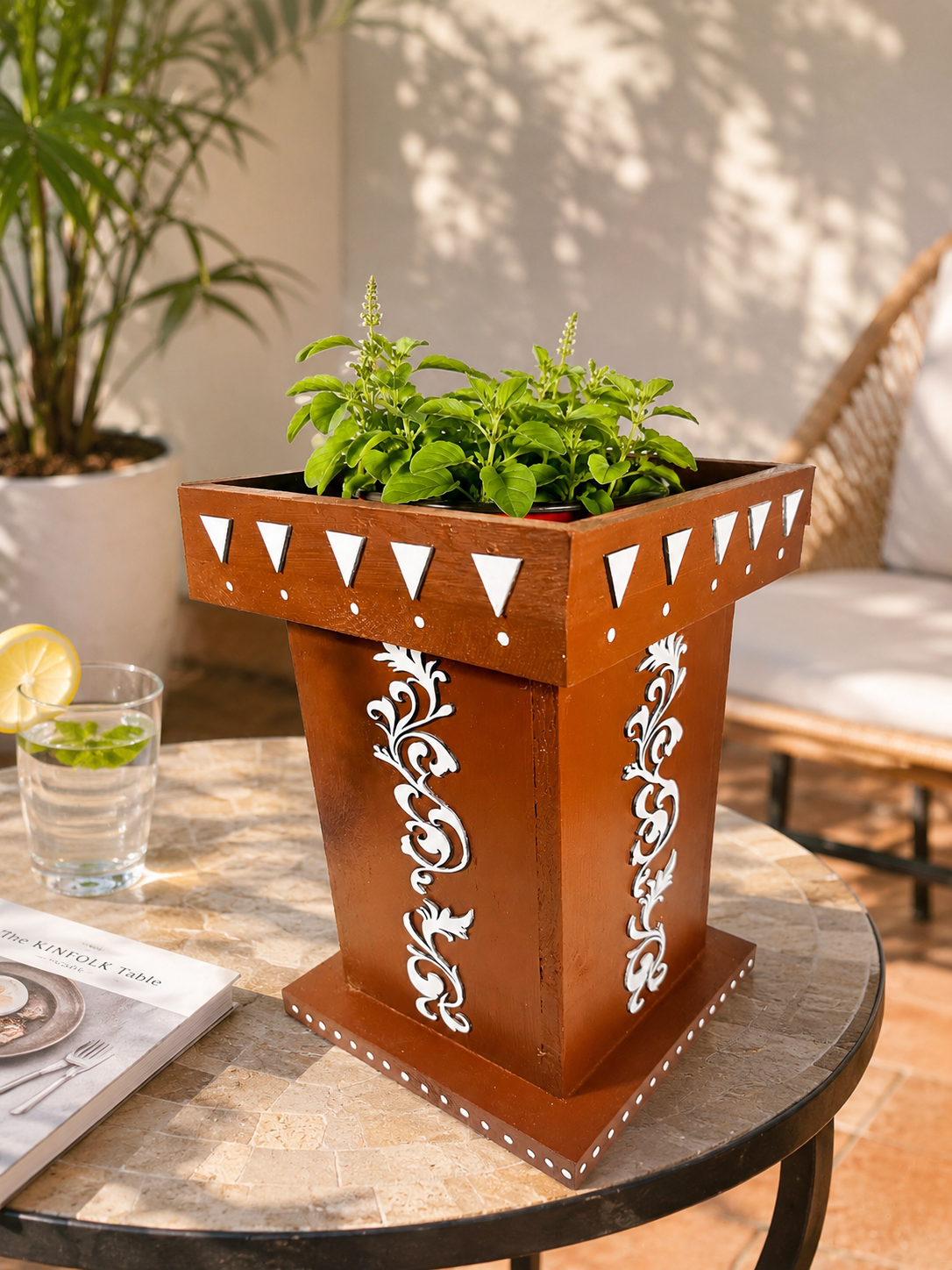 Handcrafted Wooden Tulsi Pot, 7.5x7.5x11” Vrindavana Planter, Pooja Decor