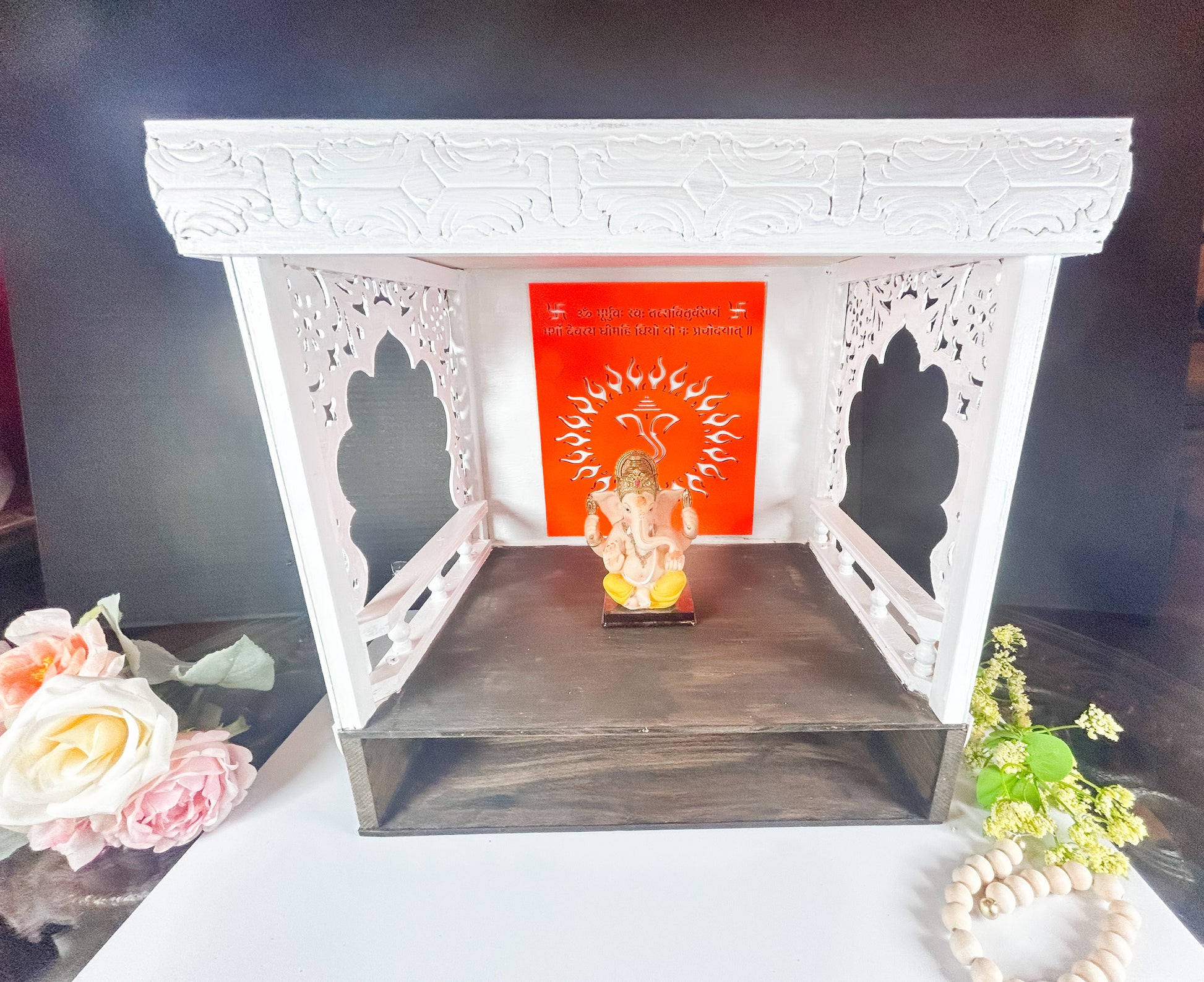     Handcrafted wooden home temple with traditional design, ideal for Hindu पूजा, meditation, and daily worship.