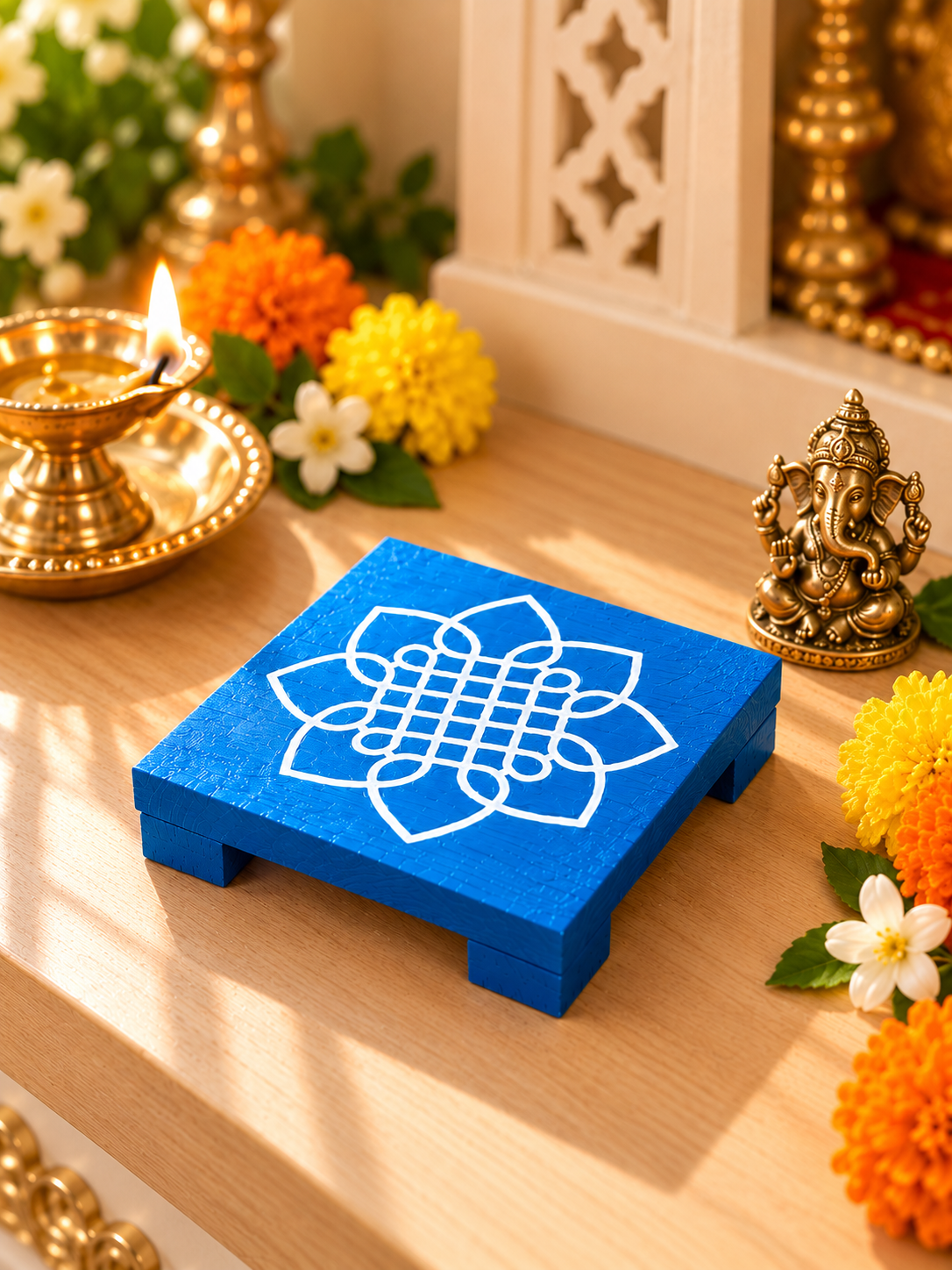 Blue wooden chowky with white kolam design and short feet, displayed beside a brass Ganesha idol and flowers on a wooden shelf.