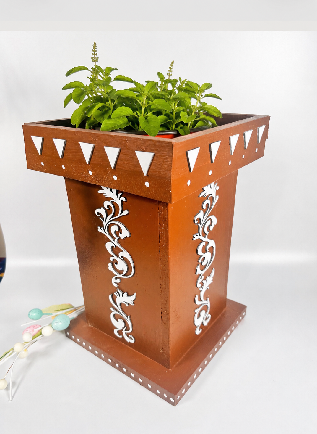Handcrafted Wooden Tulsi Pot, 7.5x7.5x11” Vrindavana Planter, Pooja Decor
