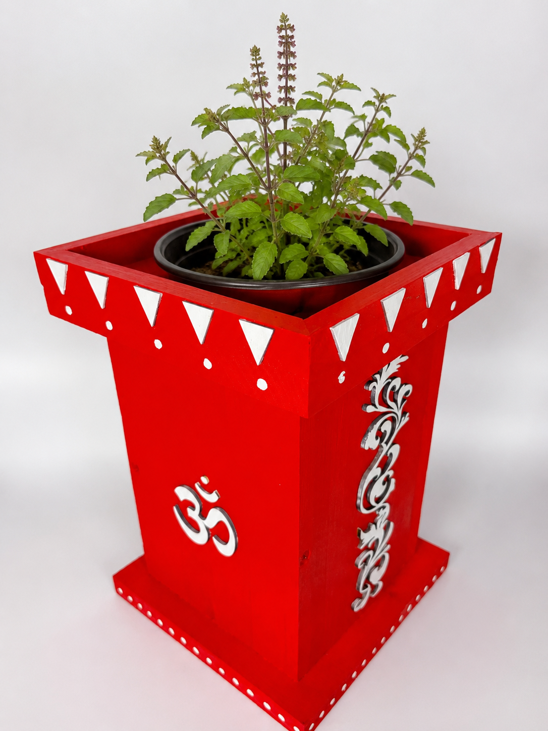 Handcrafted Wooden Tulsi Pot, 7.5x7.5x11” Vrindavana Planter, Pooja Decor