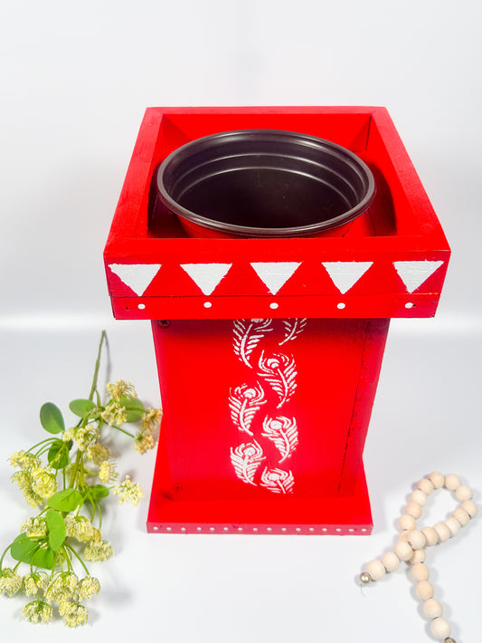 Free Shipping Handcrafted Wooden Tulsi Pot, Vrindavana Planter 7.5x7.5x11”, Indoor Outdoor Holy Basil Container, Pooja Decor