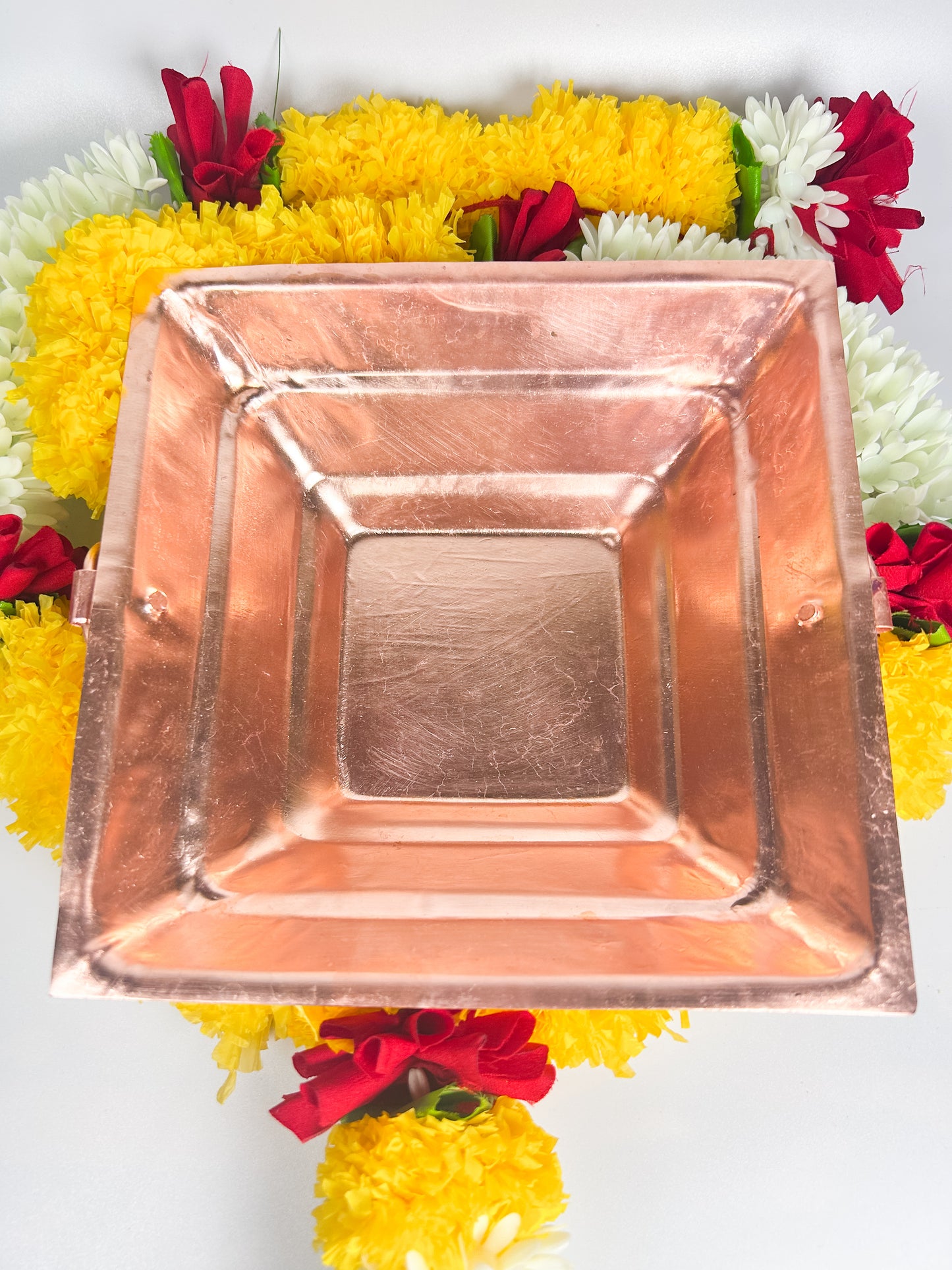  Traditional Copper Havan Kund with Marigold Garland for Hindu Yagna, Homa, Puja, and Religious Ceremonies