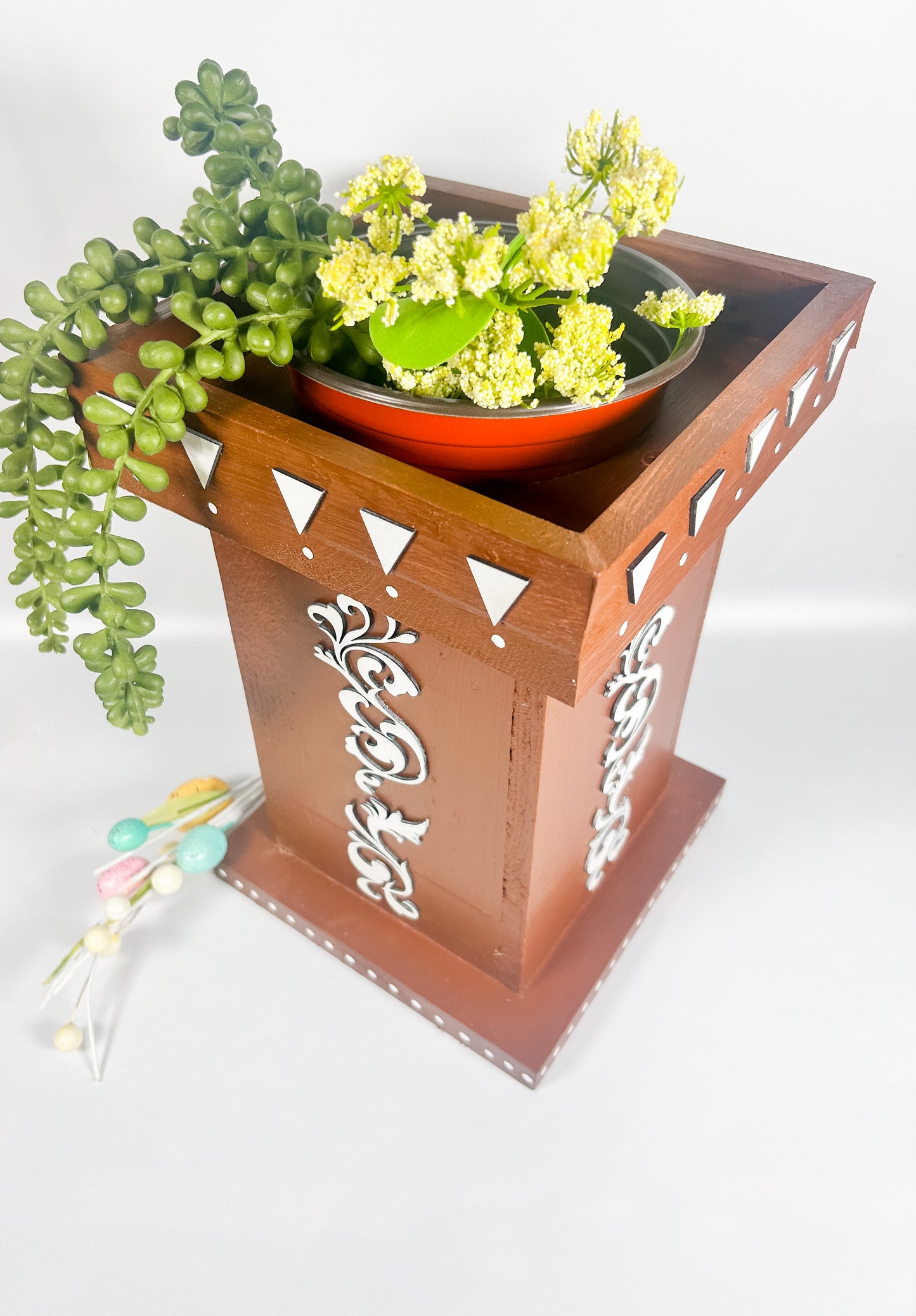 Free Shipping Handcrafted Wooden Tulsi Pot, Vrindavana Planter 7.5x7.5x11”, Indoor Outdoor Holy Basil Container, Pooja Decor