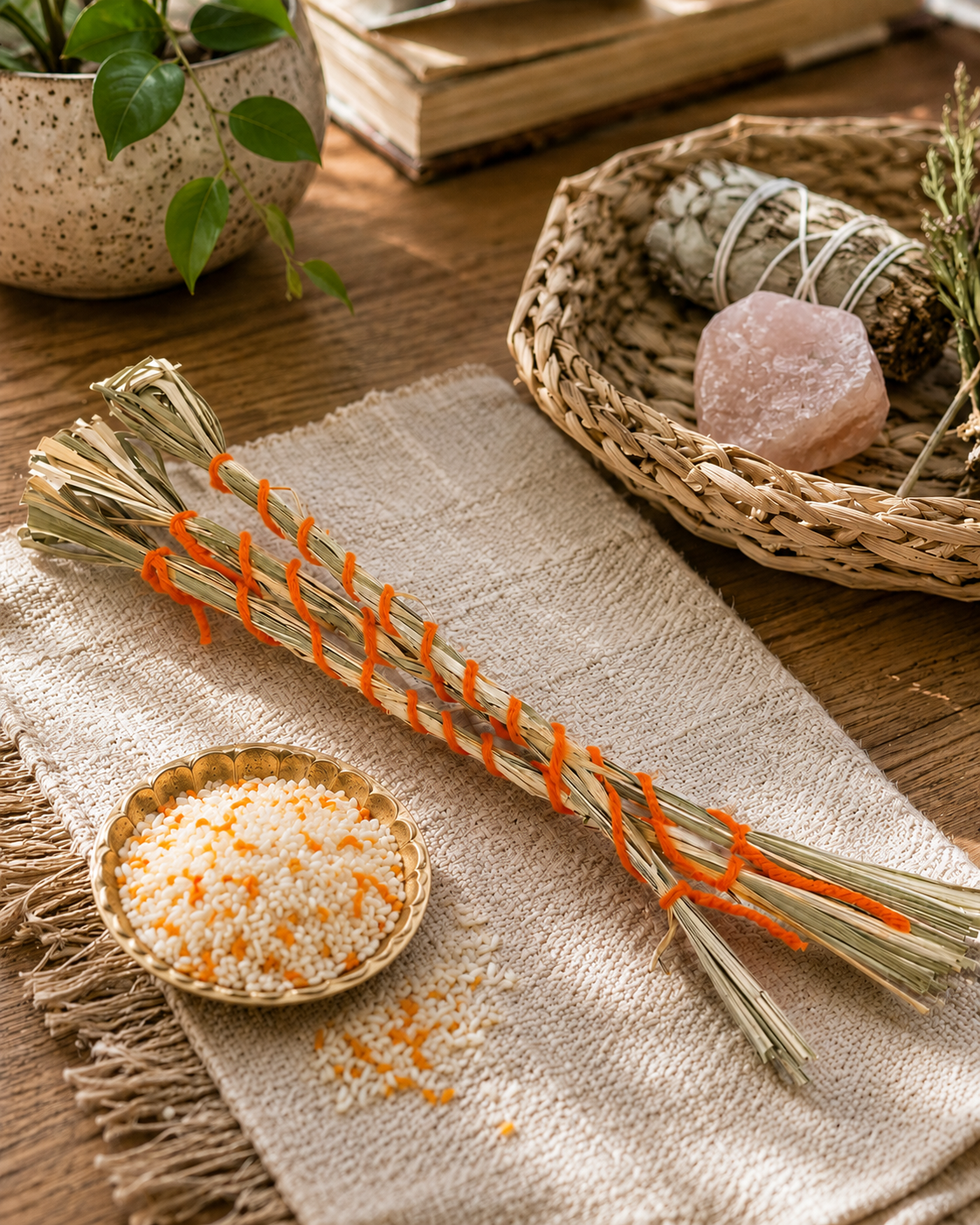 Natural Darbha Kusha Grass bundle with 12 sacred Vedic sticks for Hindu puja, havan, yagna, meditation, and temple rituals.