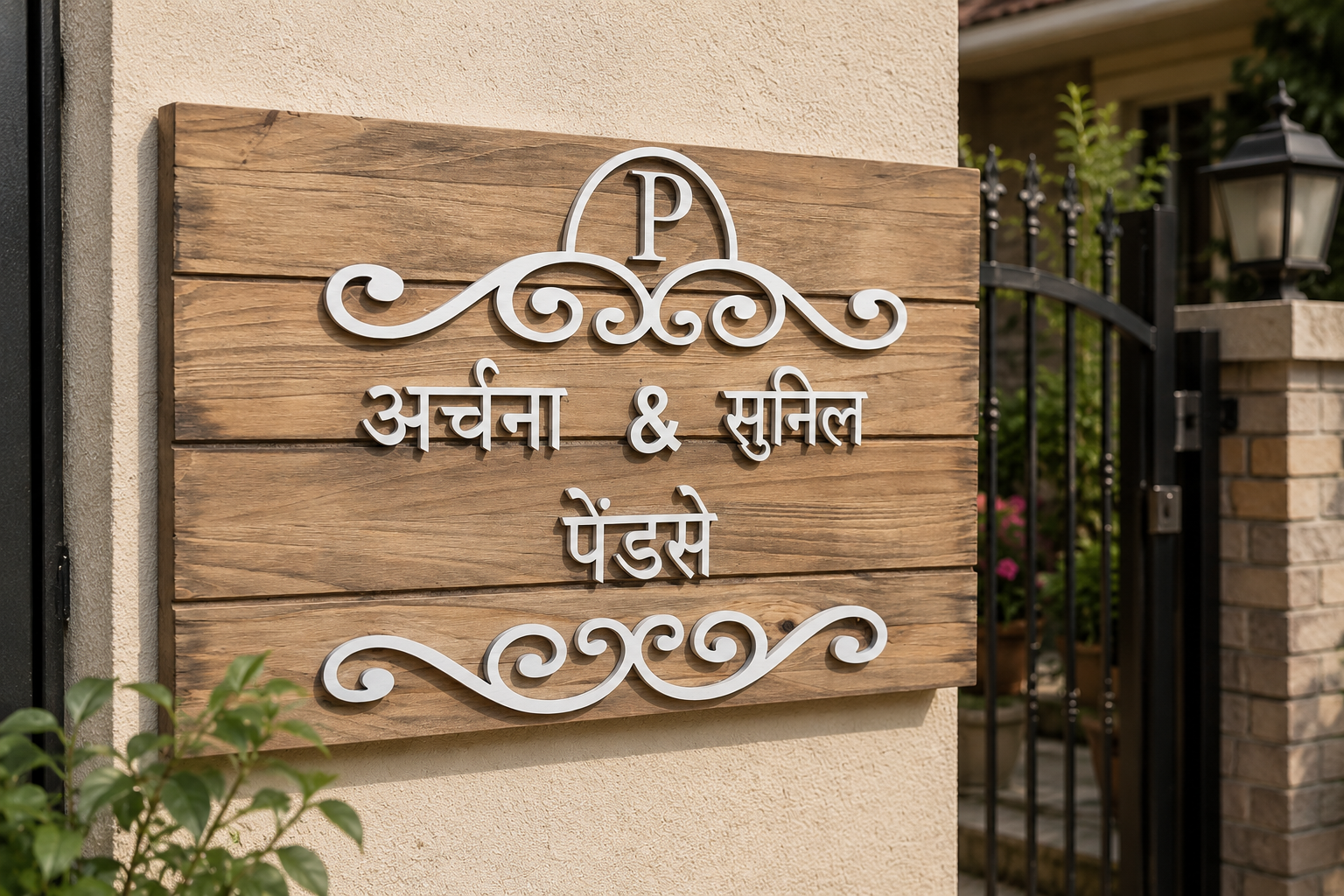     Custom rustic wooden door sign with 3D family name and elegant scroll design.
