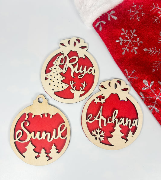 Personalized Wooden Christmas Ornament – Custom Name Holiday Bauble • Laser Cut Christmas Tree & Reindeer Ornament • Stocking Tag Gift