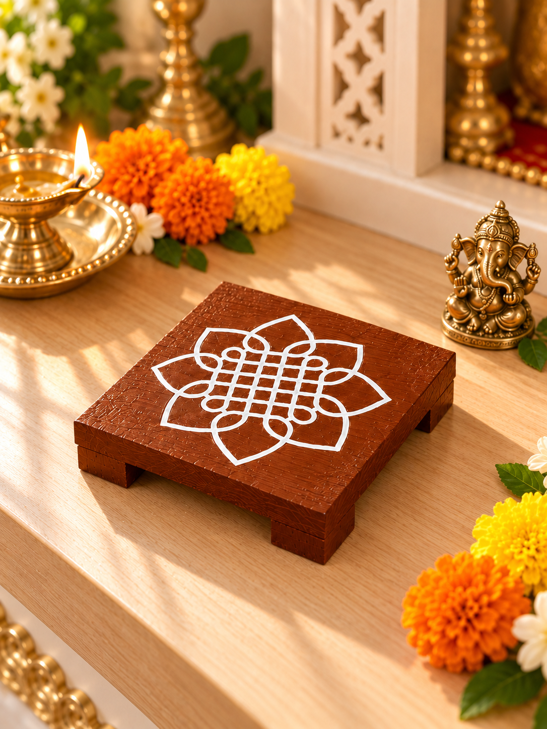 Mini Wooden Pooja Chowky – 3.5” × 3.5”