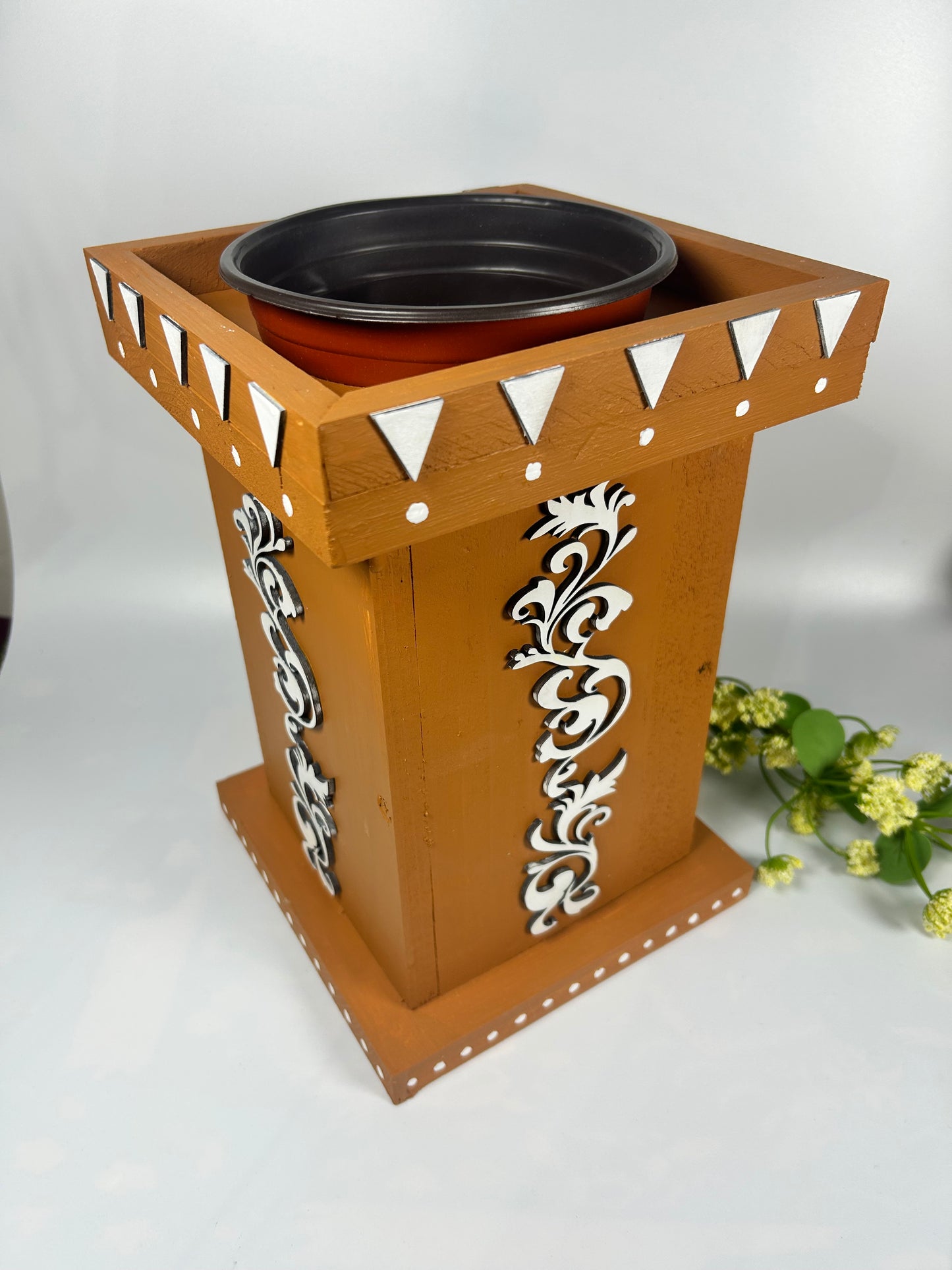 Handcrafted Wooden Tulsi Pot, Vrindavana Planter 7.5x7.5x11”, Indoor Outdoor Holy Basil Container, Pooja Decor