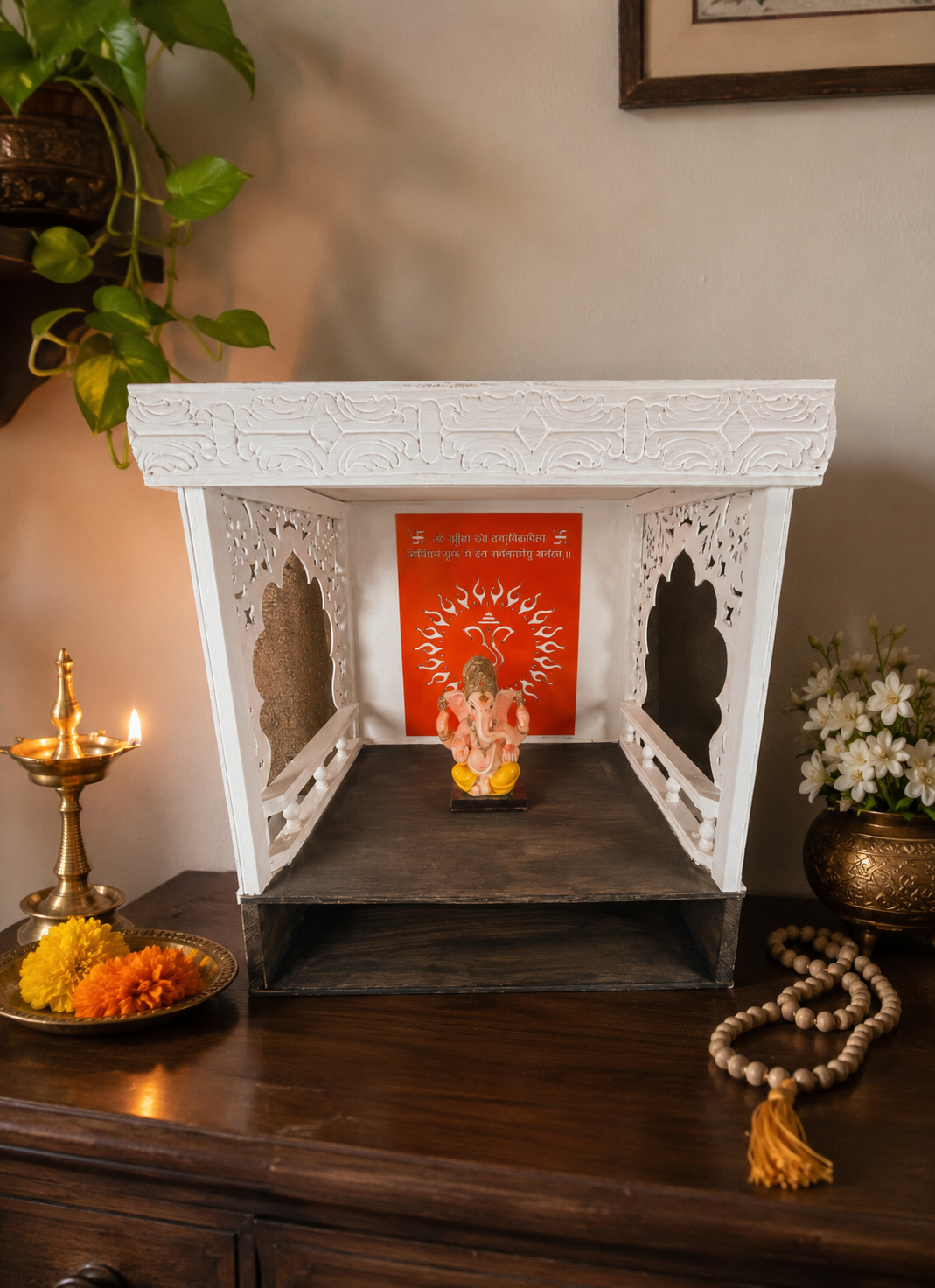 Handcrafted wooden Pooja Mandir Temple for home worship. Compact 16W x 12D x 16H inch design, perfect for prayer rooms, meditation spaces, and Hindu religious rituals.