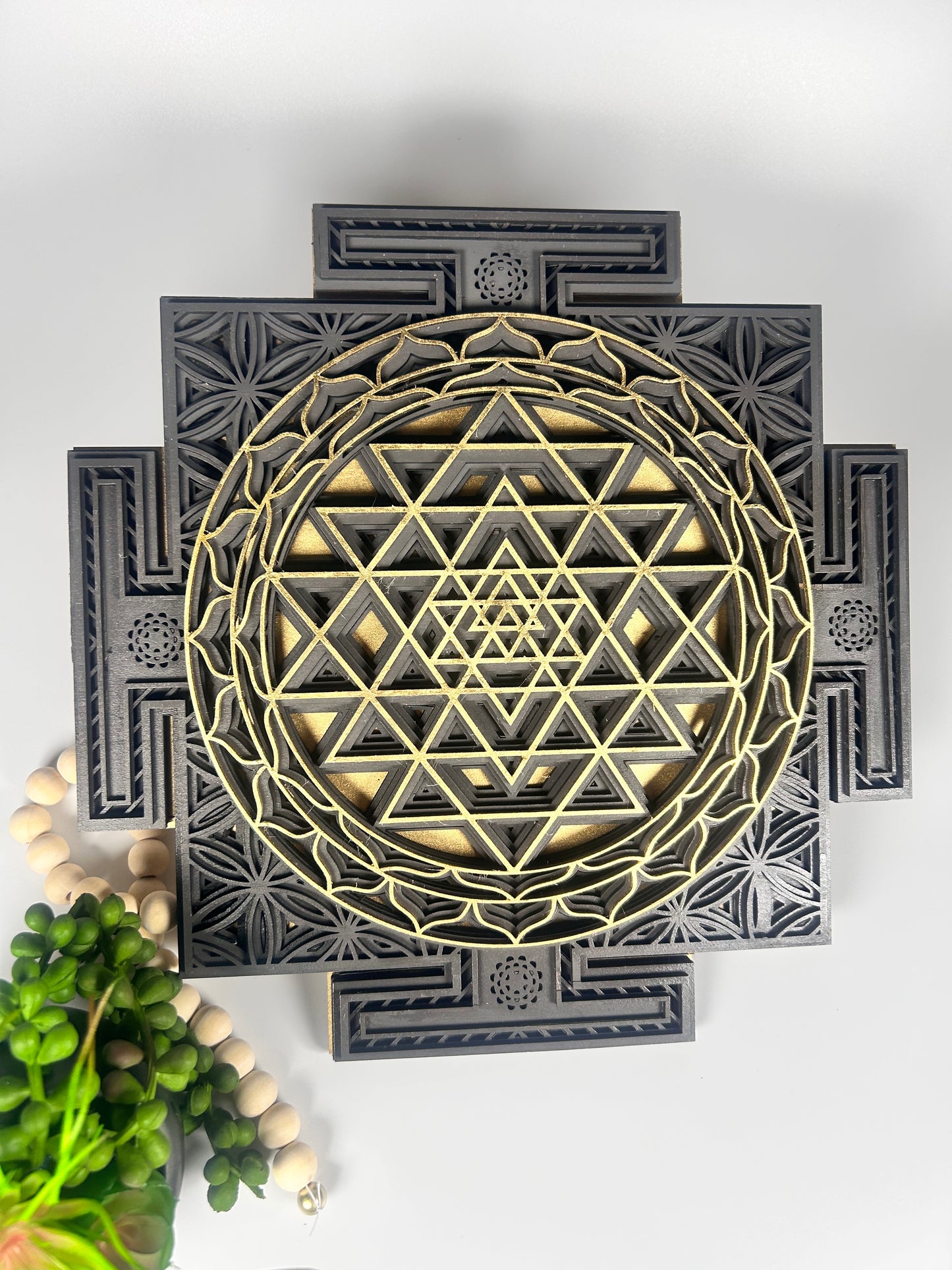 Layered Sri Yantra Mandala laser cut wooden wall art