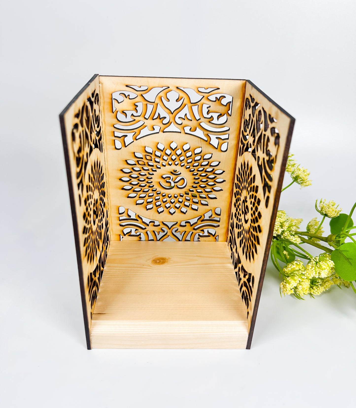 Beautiful handcrafted wooden diya or God statue holder with Om design. Perfect Hindu pooja décor, mandir accessory, Diwali decoration, and Indian prayer room décor.