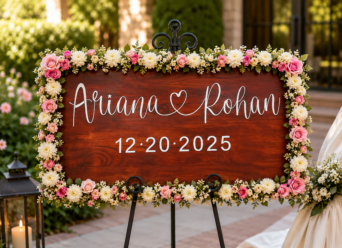 Personalized wooden wedding welcome sign featuring custom couple names and wedding date, displayed on an easel with a beautiful floral garland of pink and ivory flowers. Rustic wedding decor for ceremony entrance, reception, engagement party, or bridal shower.