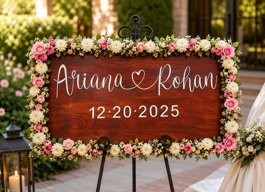 Personalized wooden wedding welcome sign featuring custom couple names and wedding date, displayed on an easel with a beautiful floral garland of pink and ivory flowers. Rustic wedding decor for ceremony entrance, reception, engagement party, or bridal shower.