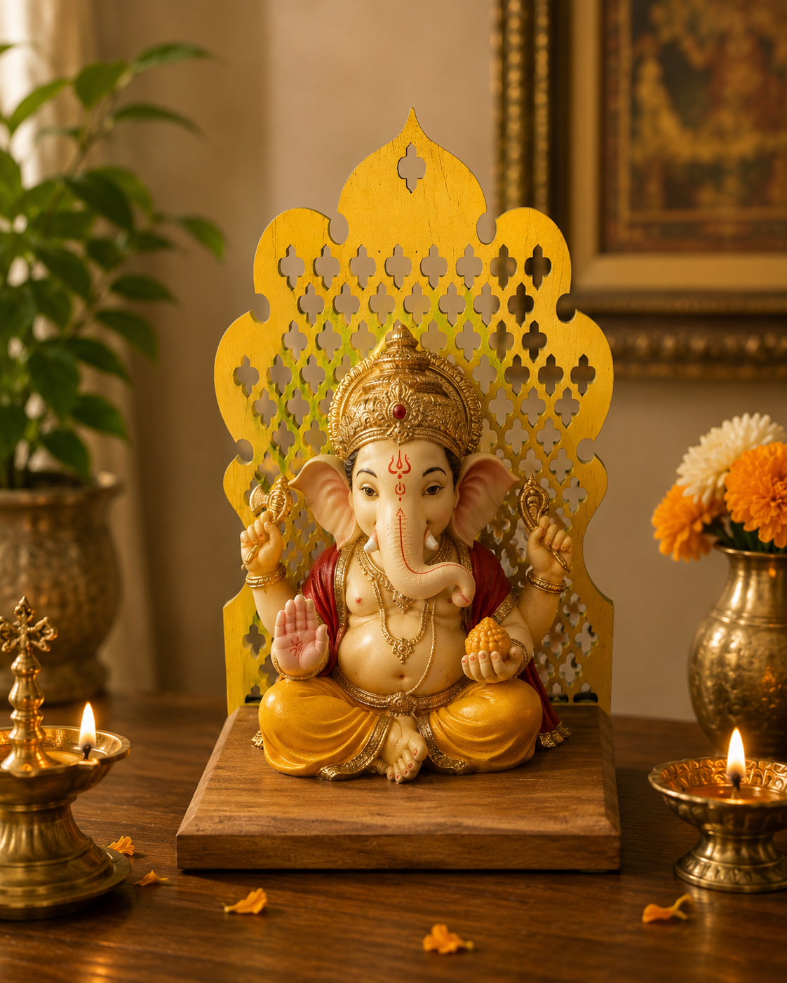 Handcrafted wooden Jharokha wall hanging tea light holder with intricate Indian lattice design, perfect for pooja room décor, Diwali decorations, and rustic home styling.
