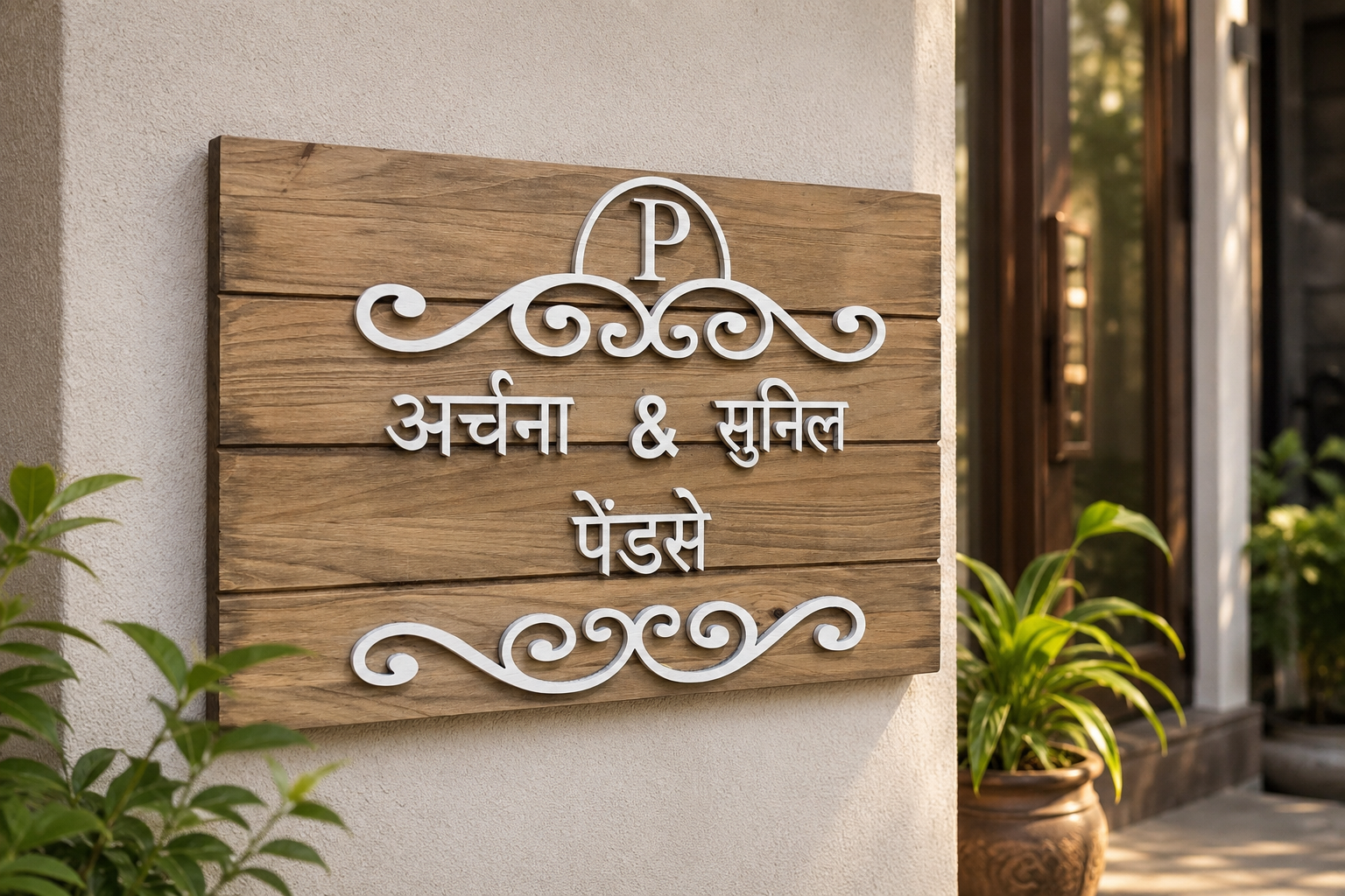    Personalized wooden family name plate with raised Hindi lettering mounted at a home entrance.