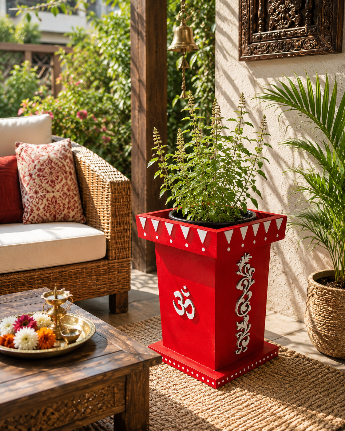 Handcrafted Wooden Tulsi Pot, 7.5x7.5x11” Vrindavana Planter, Pooja Decor